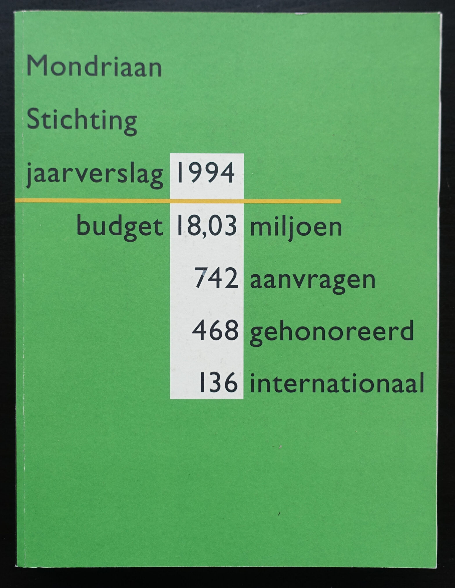 Cover of the 1994 annual report of the Mondriaan Foundation, featuring a green background with text detailing budget figures and statistics related to the foundation's activities.