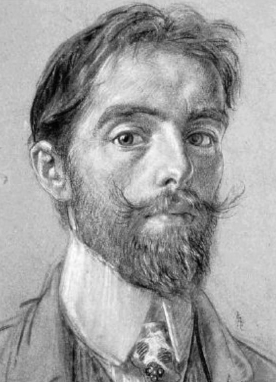 A detailed pencil sketch of a man with a beard and mustache, wearing a suit and tie, with short hair and a thoughtful expression.