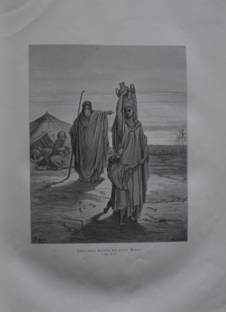 An illustration depicting a group of figures in a barren landscape, with one person holding a vessel and another walking beside a child. The scene appears somber and evokes a sense of journey or migration.