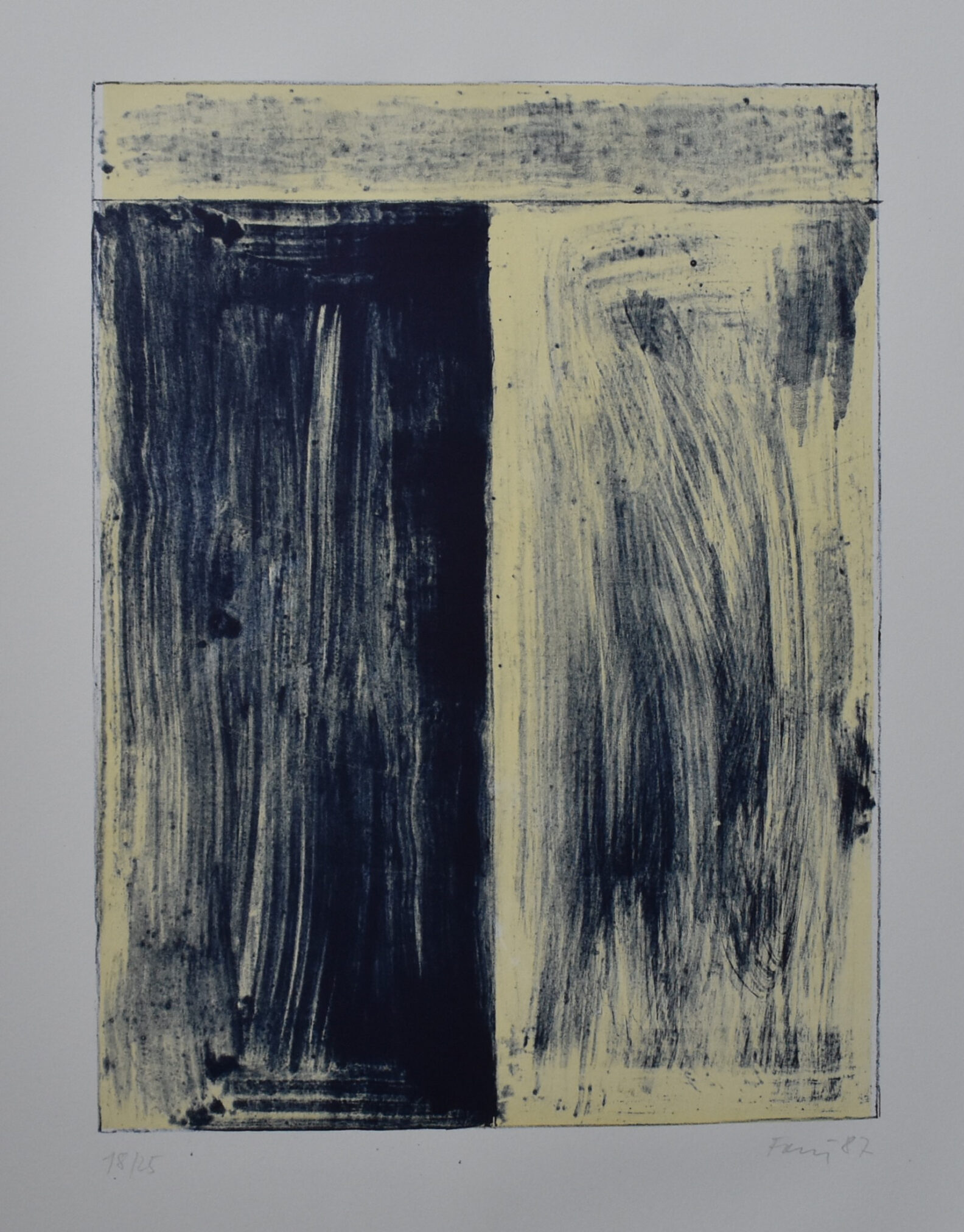 An abstract artwork featuring bold black brushstrokes on one half and lighter, textured yellow tones on the other, showcasing an interplay of dark and light.