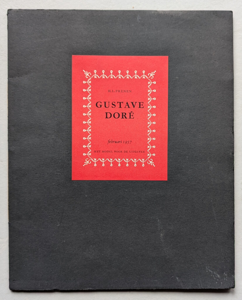 Cover of a publication titled 'Gustave Doré' by H.L. Prenen, featuring a red label with decorative elements on a black background, dated February 1957.
