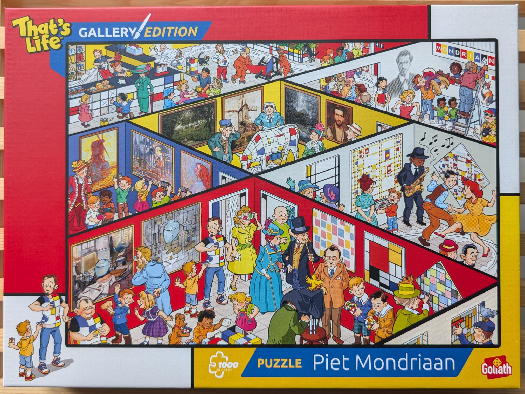 Colorful puzzle box featuring scenes inspired by Piet Mondrian, showcasing various characters interacting in art galleries, with bright illustrations and a playful theme.