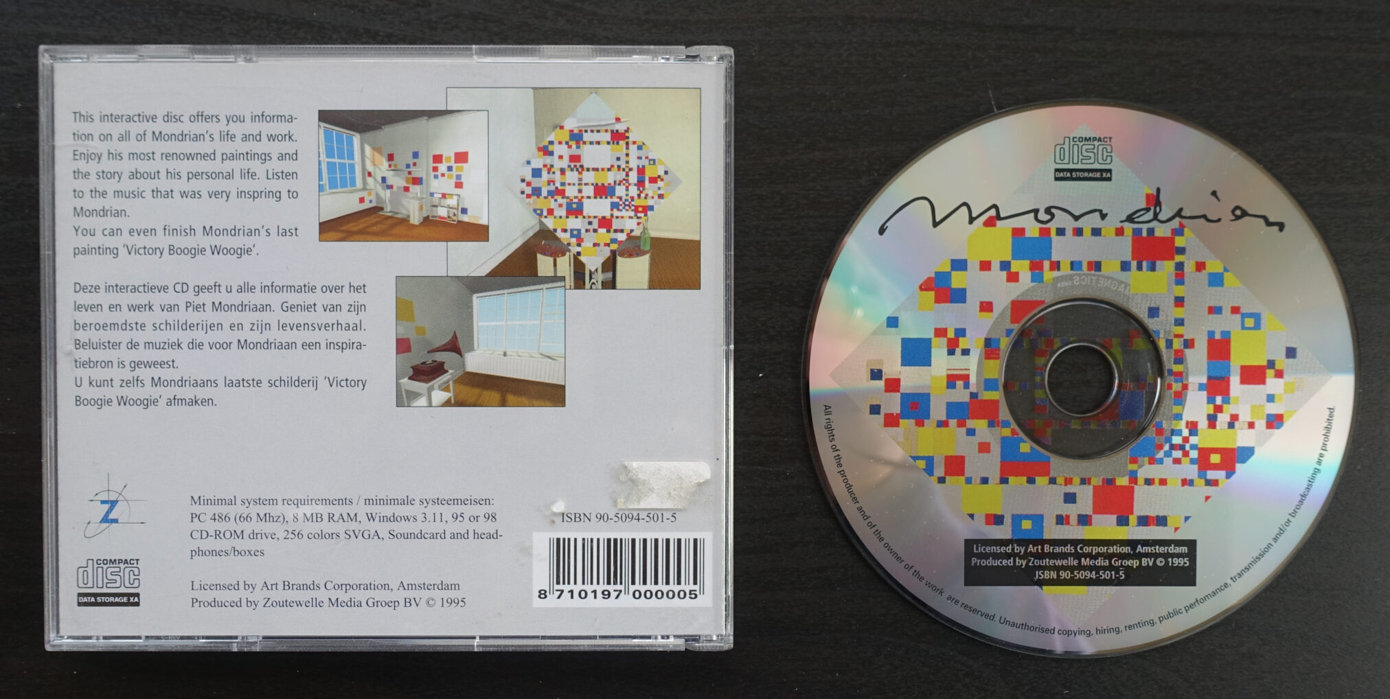 An interactive CD cover featuring images related to Piet Mondriaan and his artwork, including his famous painting 'Victory Boogie Woogie'. The design incorporates colorful squares and geometric patterns.