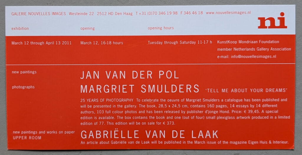 A promotional card for an art exhibition featuring Jan van der Pol and Margriet Smulders, detailing event dates and information about the showcased works.