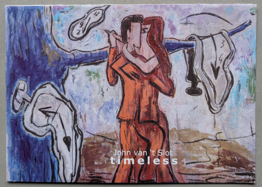 A painting featuring a couple embracing, surrounded by abstract elements such as clocks and clothing items, with prominent use of color and texture.