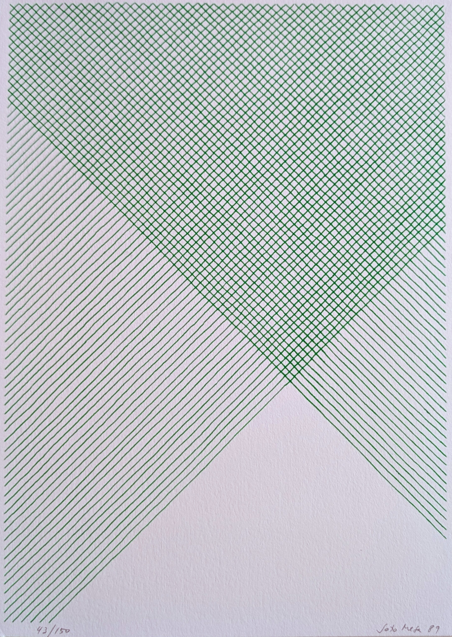 A silkscreen print featuring two intersecting patterns: a filled green diamond grid and a series of green diagonal lines on a white background.
