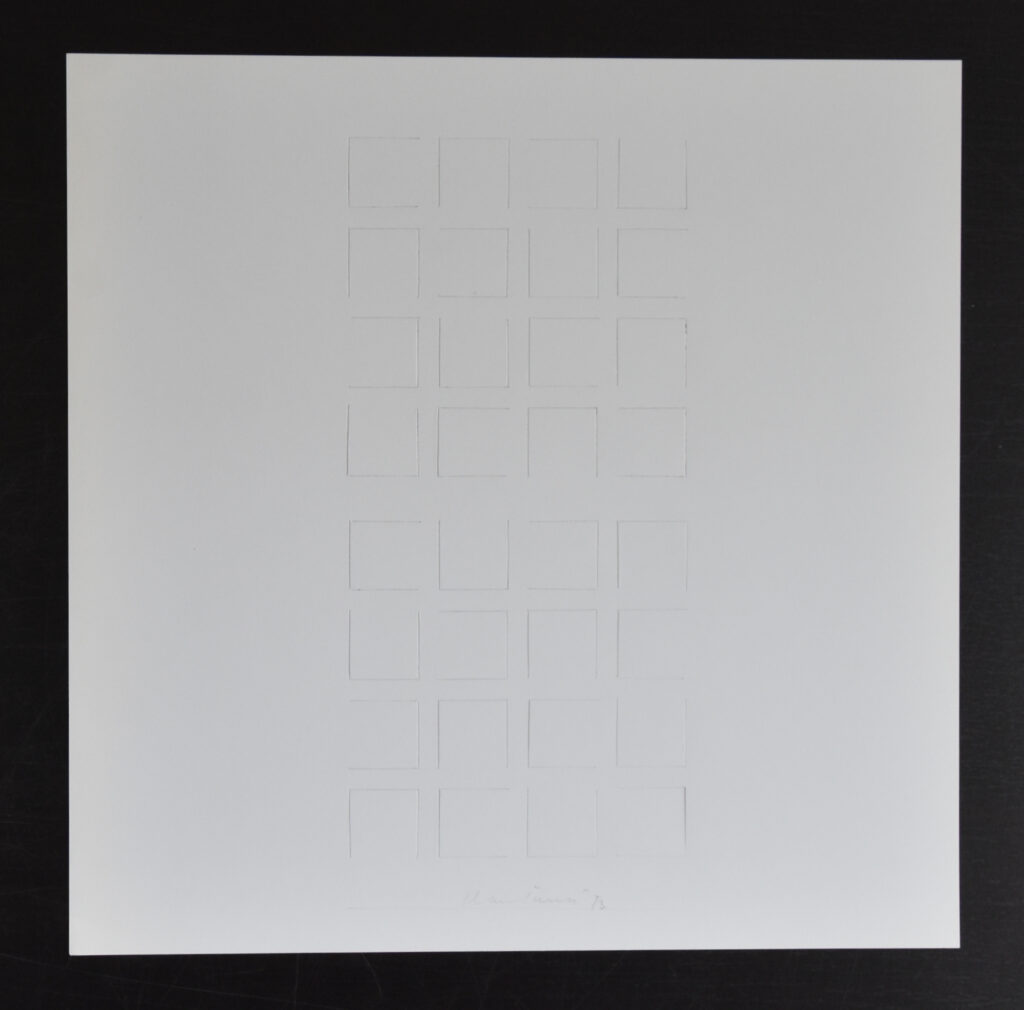 An abstract artwork featuring a grid of 25 outlined squares on a white background, emphasizing minimalist geometric forms.