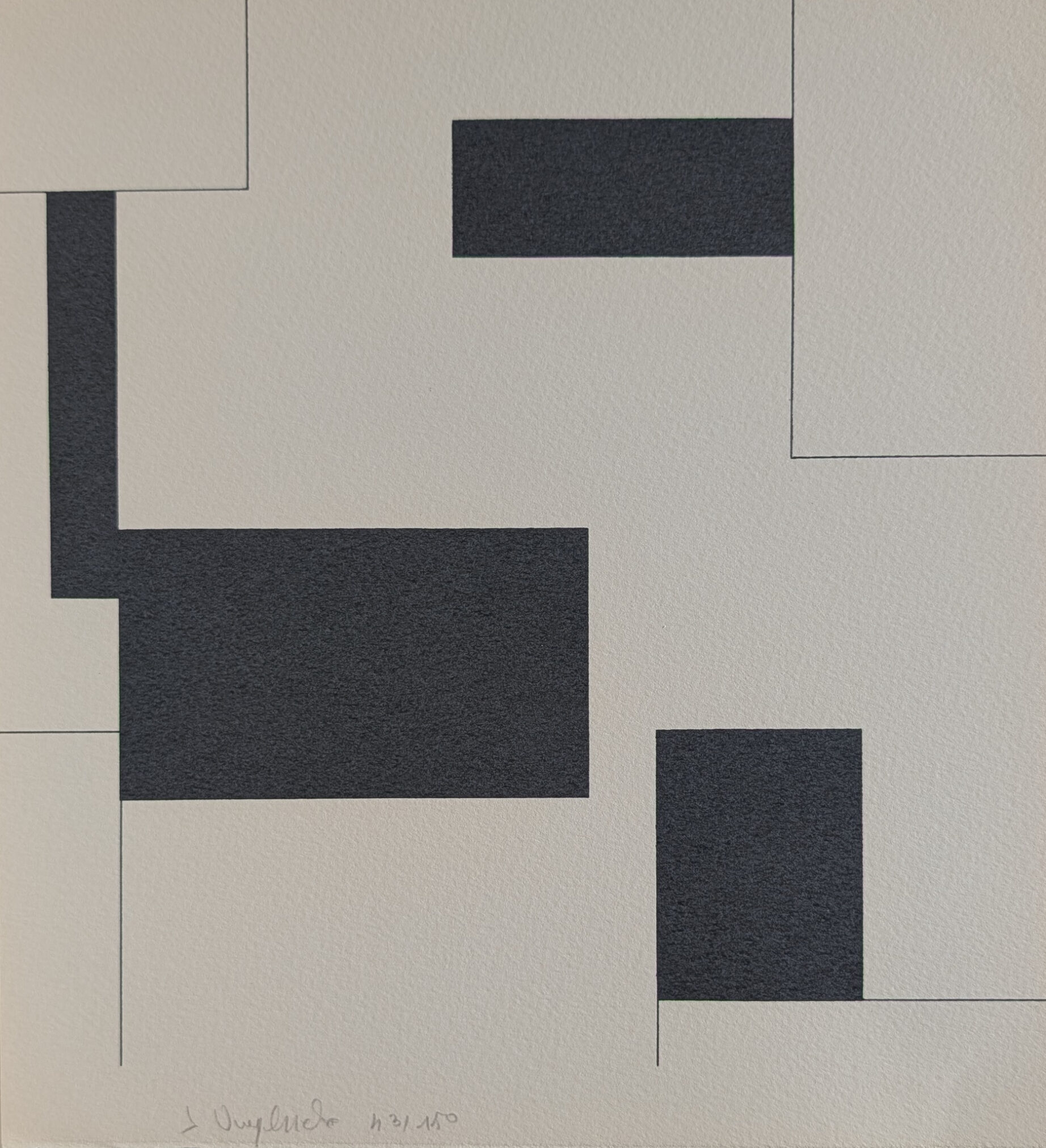 Abstract artwork featuring geometric shapes in black and white, with various block-like forms on a textured background.