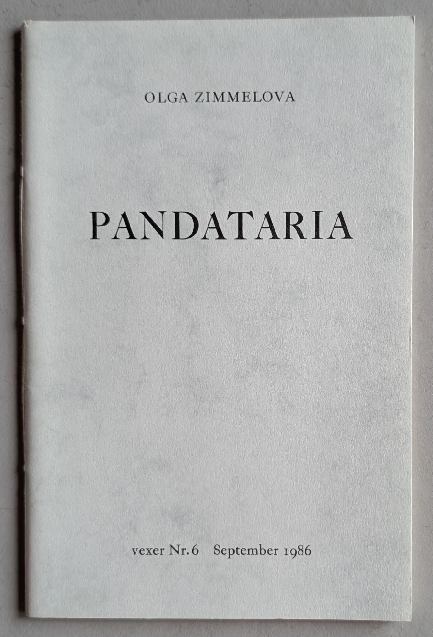 Cover of the book 'Pandataria' by Olga Zimmelová, featuring the title in bold black letters on a light-colored background, published in September 1986.