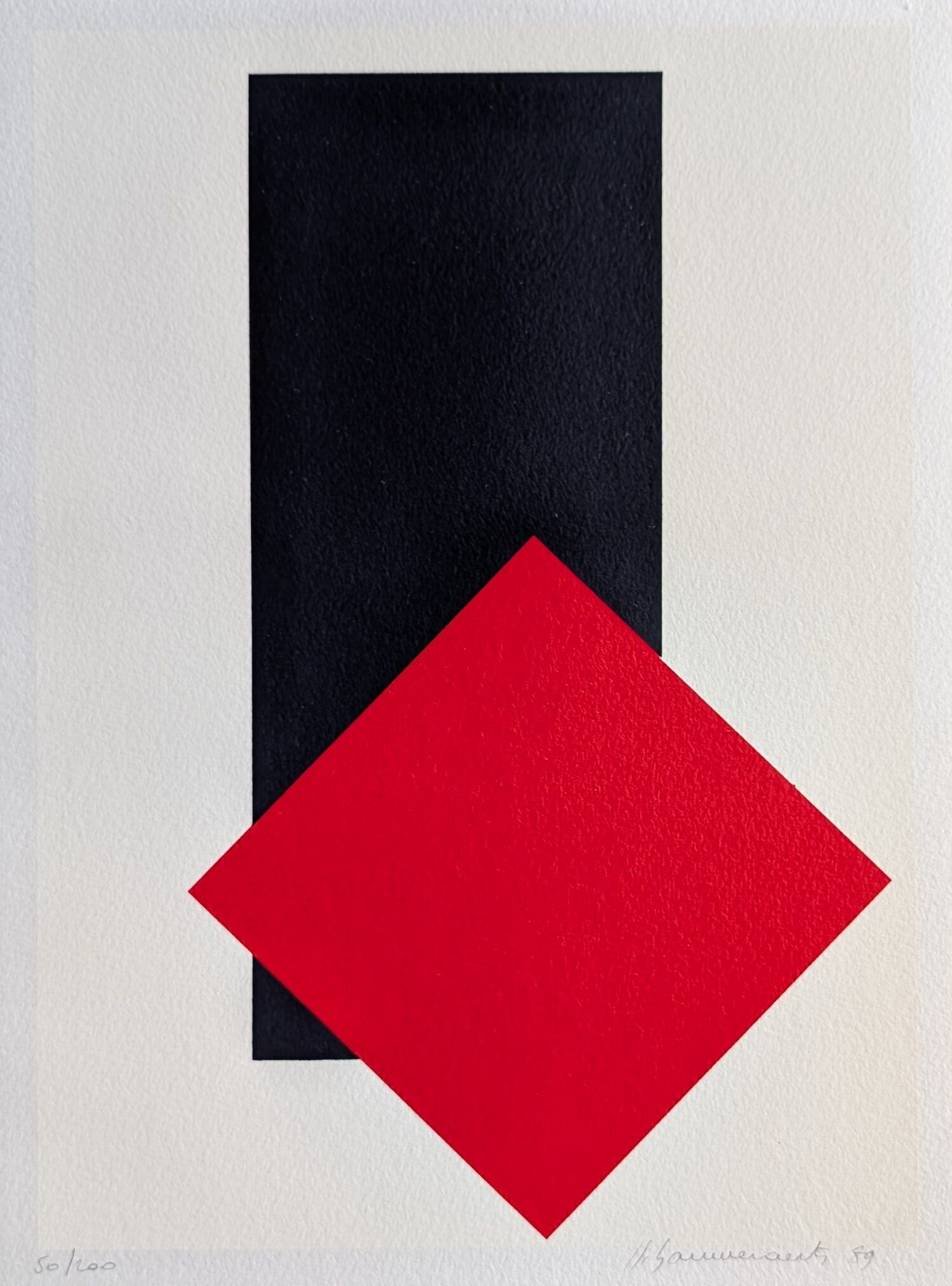 Abstract artwork featuring a black rectangular shape and a red diamond shape layered on a textured white background.