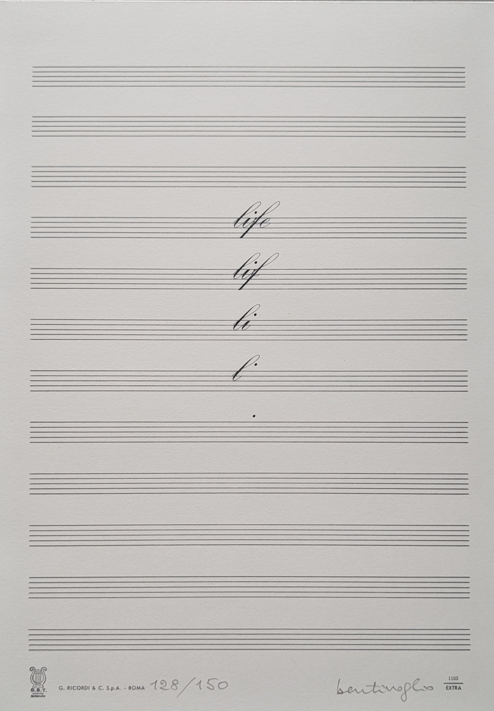 Artistic print featuring horizontal lines resembling a musical staff, with the word 'life' written in elegant cursive multiple times, showcasing a minimalist design.