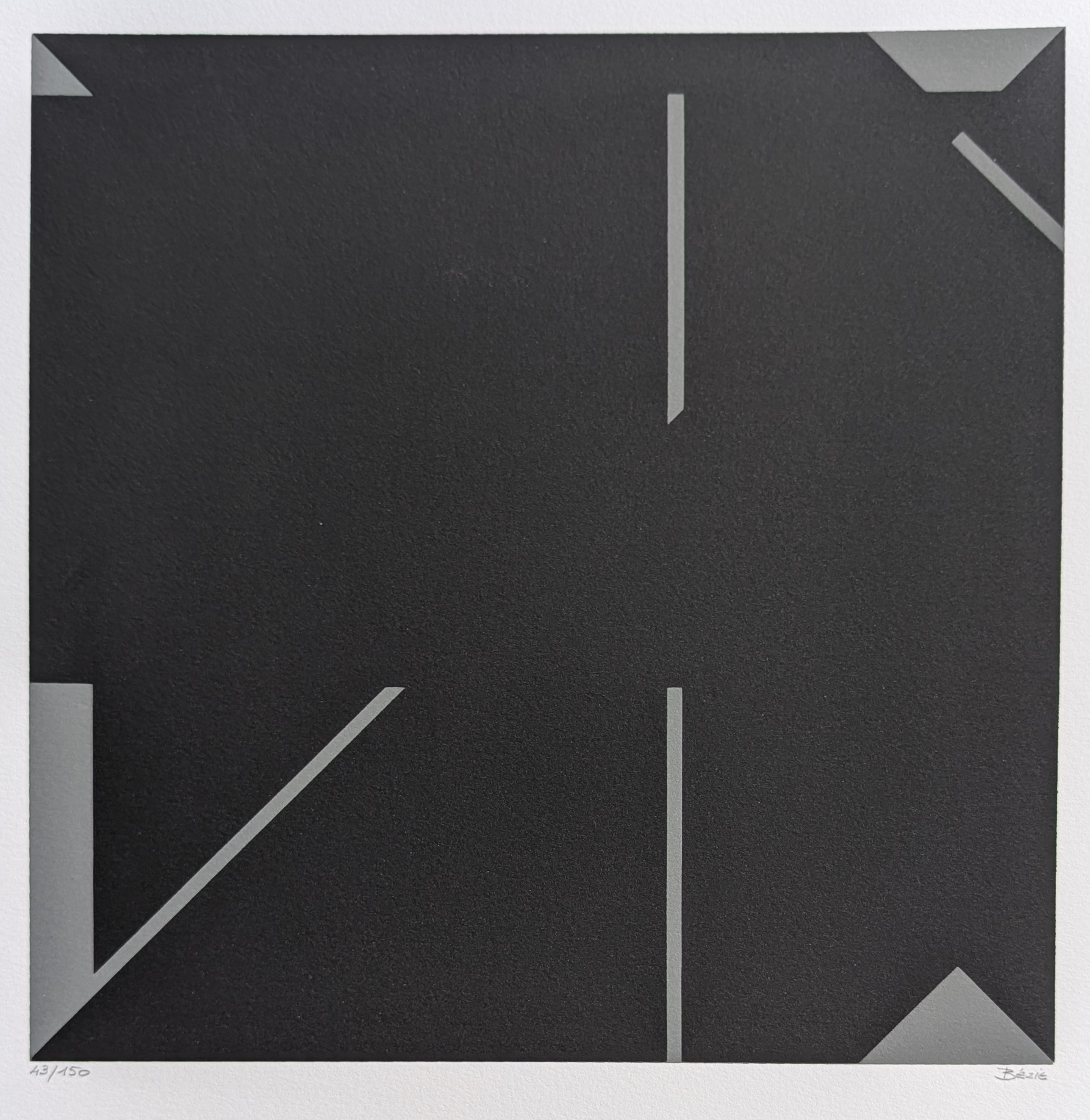 A geometric abstract artwork featuring a black background with various gray linear shapes and angles, showcasing a minimalist style.