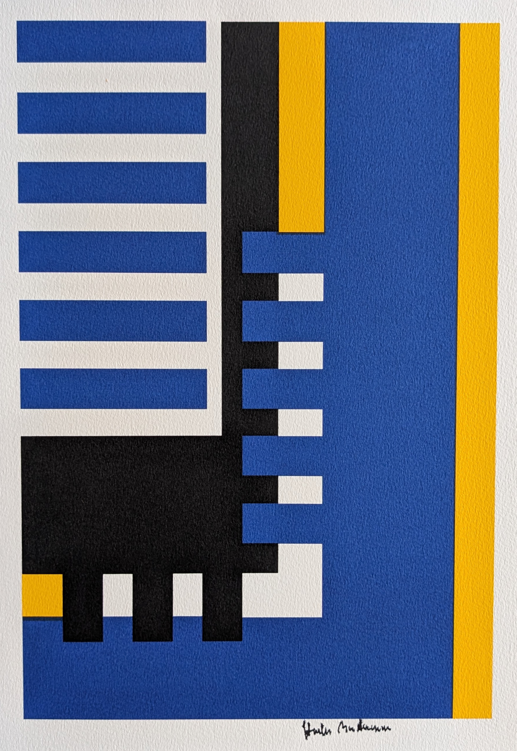 Abstract geometric artwork featuring bold blue, black, yellow, and white shapes with a textured surface, showcasing distinct forms and angles.