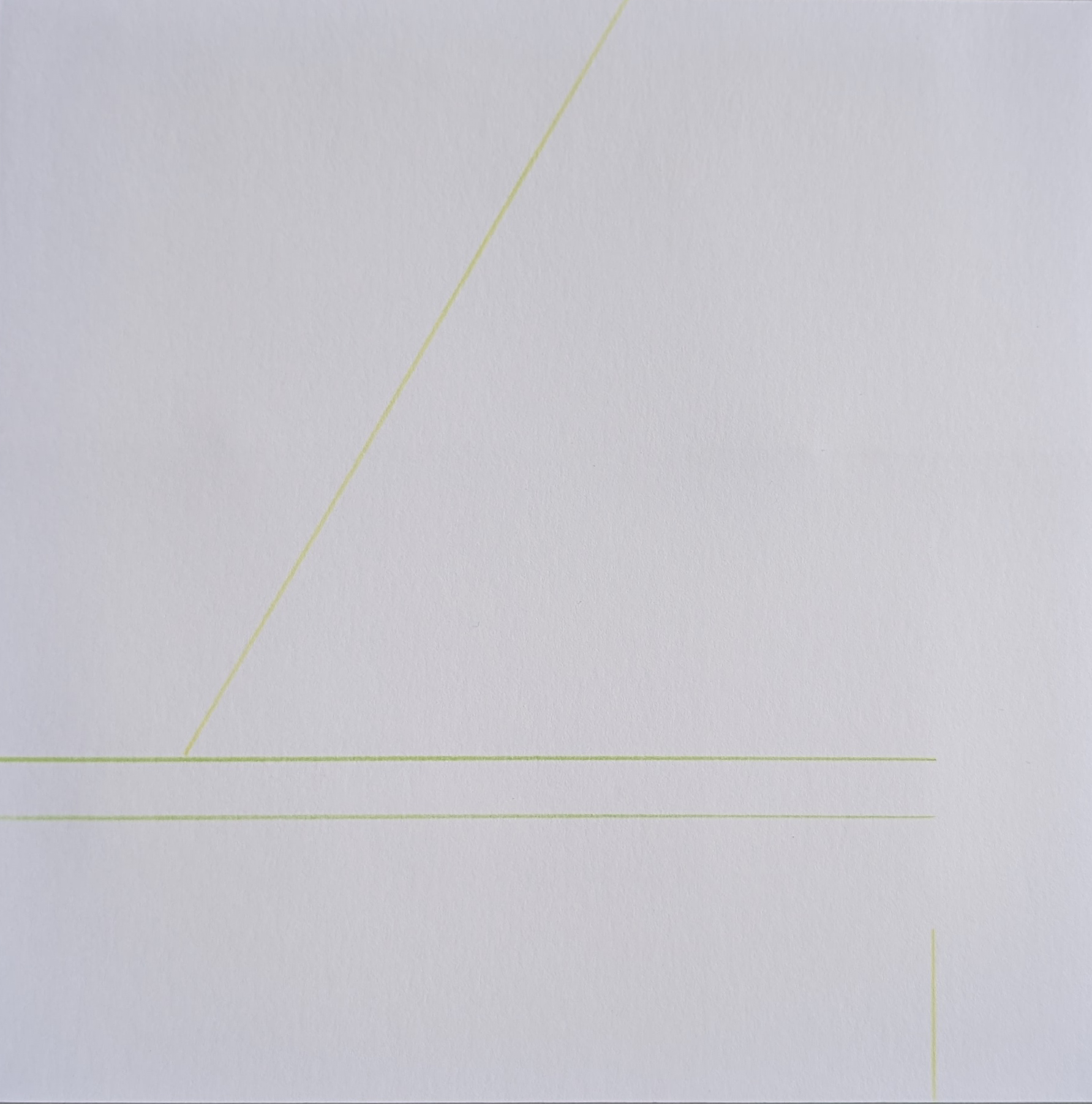 A minimalistic artwork featuring subtle yellow lines on a white textured paper surface, creating geometric shapes.