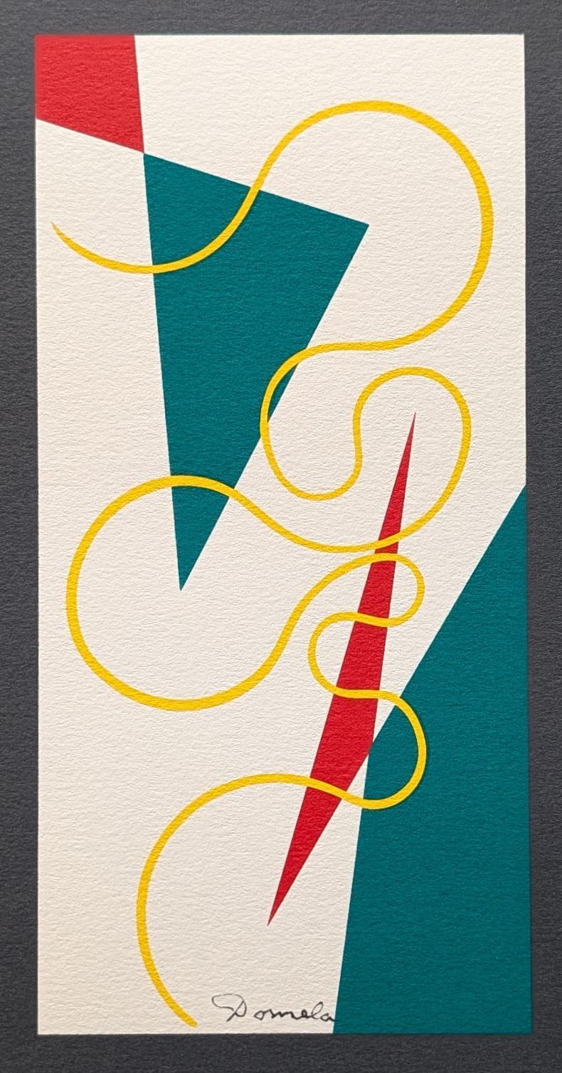 Abstract artwork by Cesar Domela featuring geometric shapes in teal, red, and yellow on a cream background, with flowing lines interspersed.