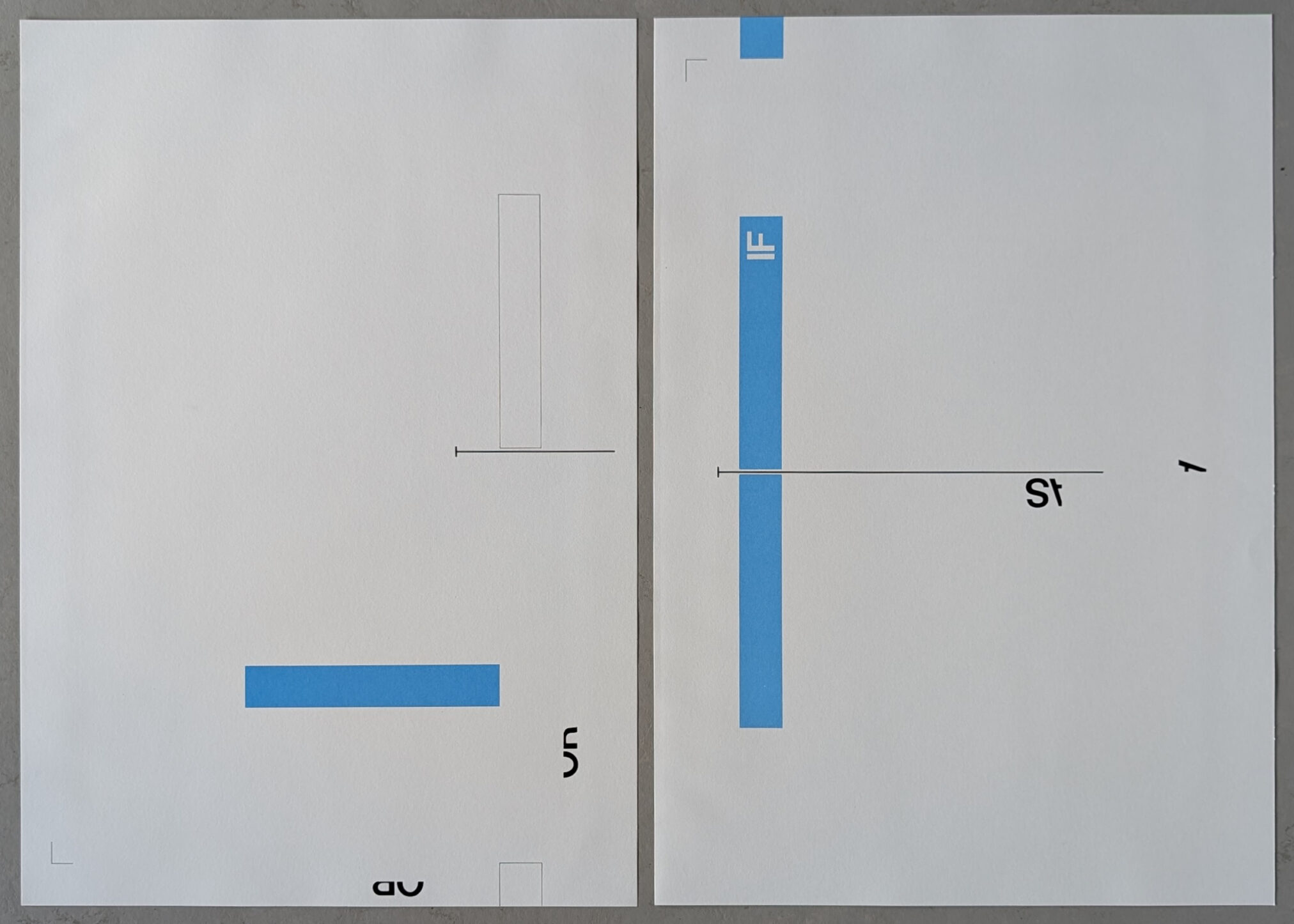 Two sheets of paper featuring minimalist designs with blue lines and text elements. One sheet displays a vertical blue line with the word 'IF' beside it, and the other features a horizontal blue bar along with numbers and letters.