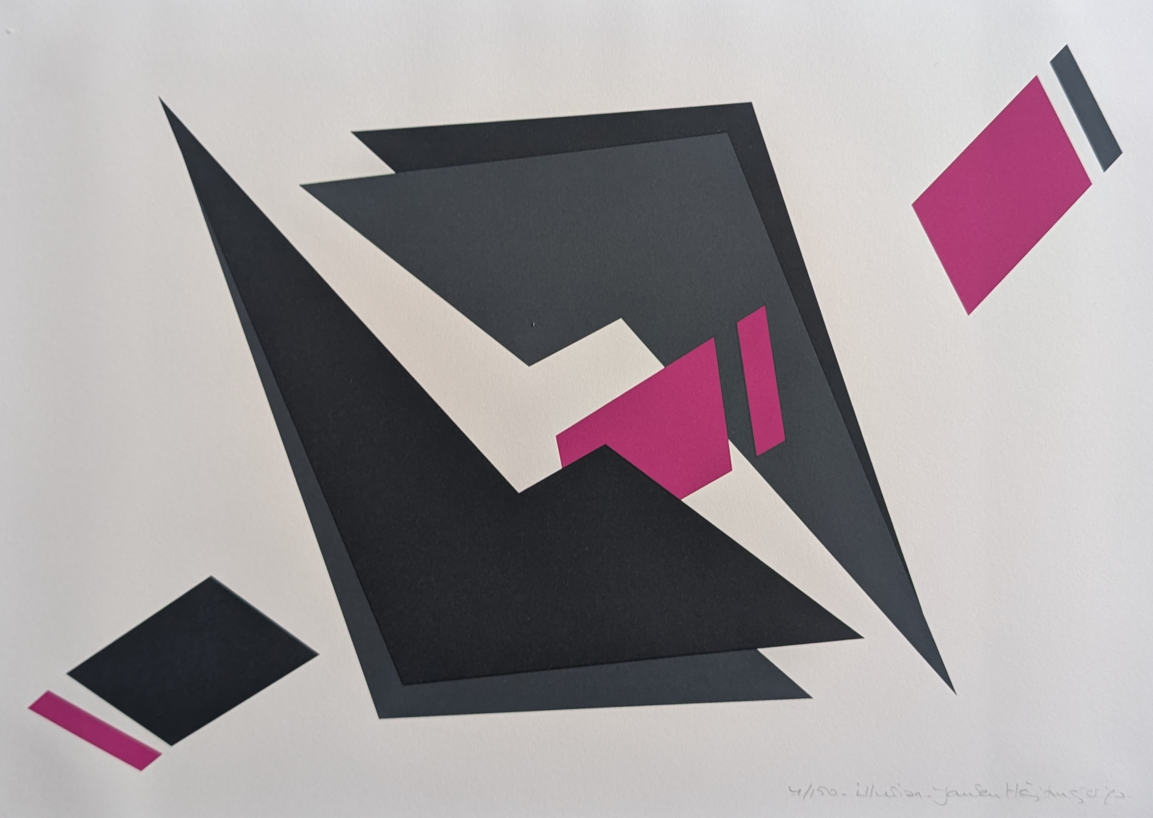 An abstract geometric composition featuring overlapping shapes in black, gray, and vibrant pink against a white background.