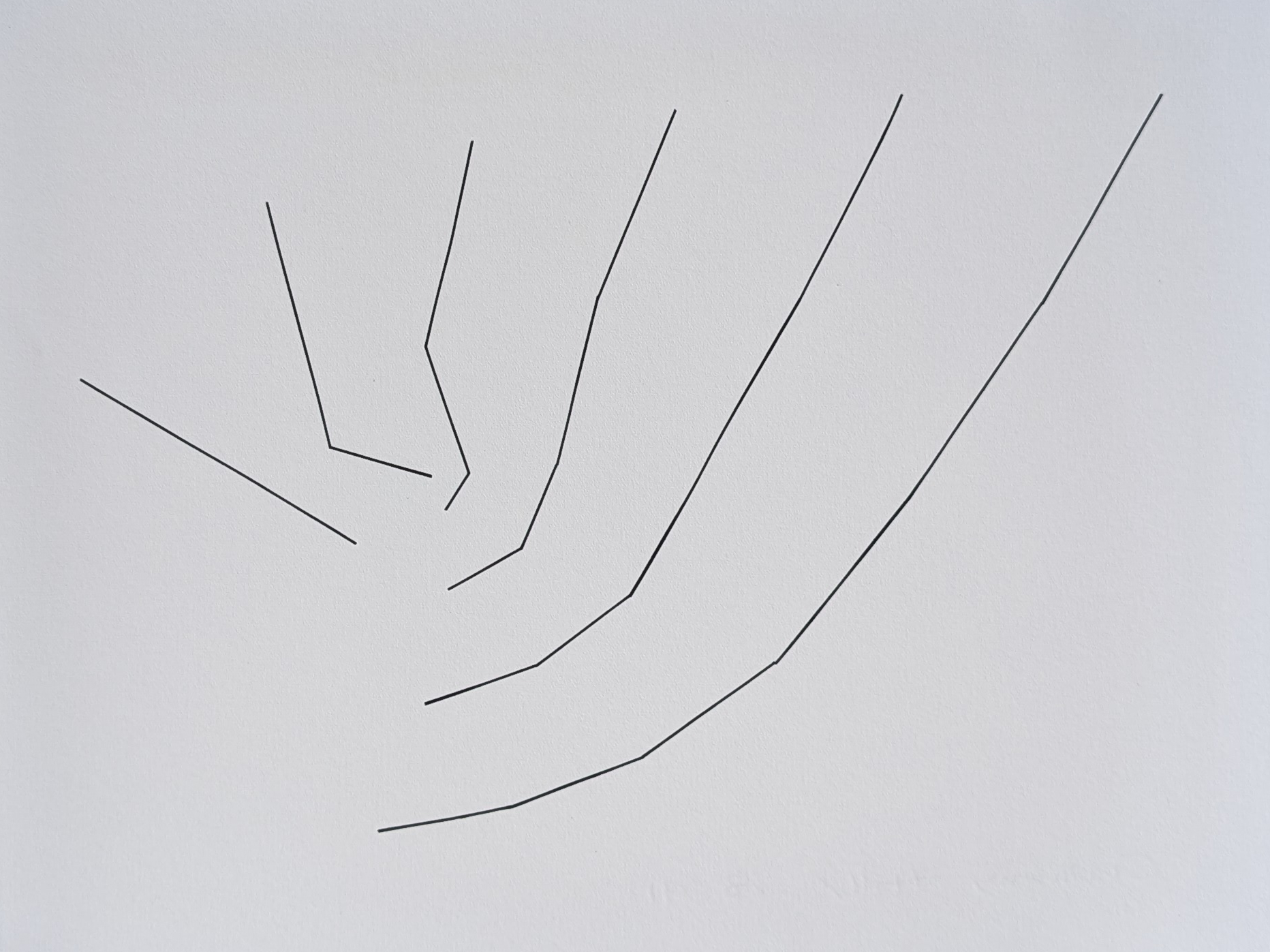 A minimalist abstract artwork featuring black linear forms that diverge and converge on a white background.