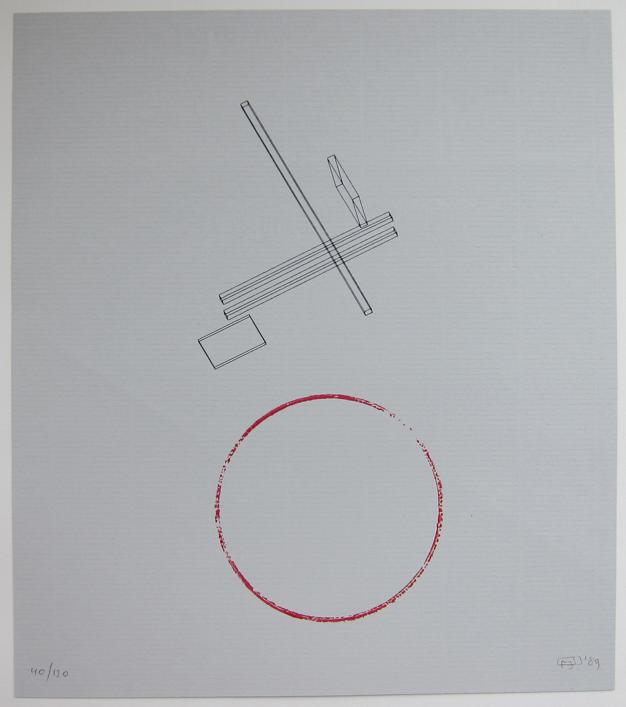 An abstract artwork by Fré Ilgen featuring linear shapes and a red circular brushstroke on a gray background.