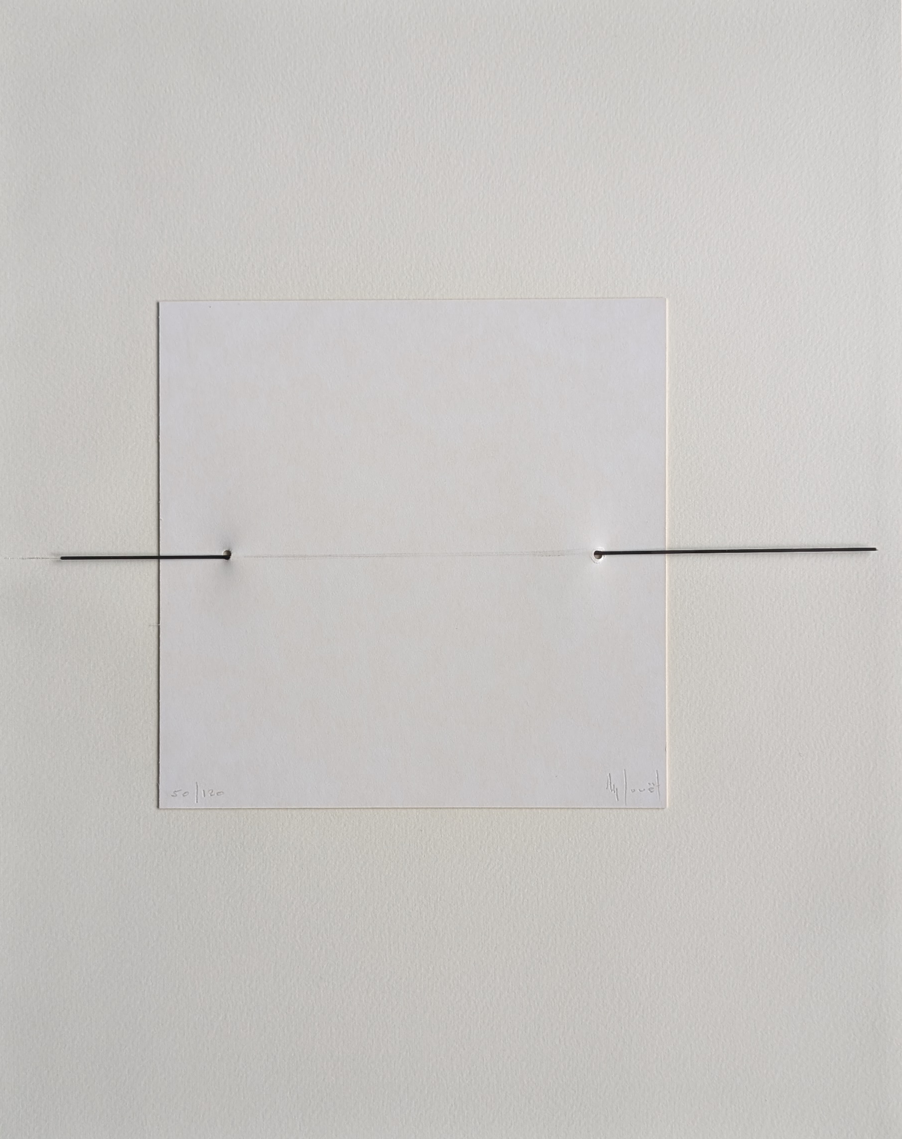 A minimalist artwork featuring a blank sheet of paper with a thin, black rod passing through two small holes, set against a textured white background.
