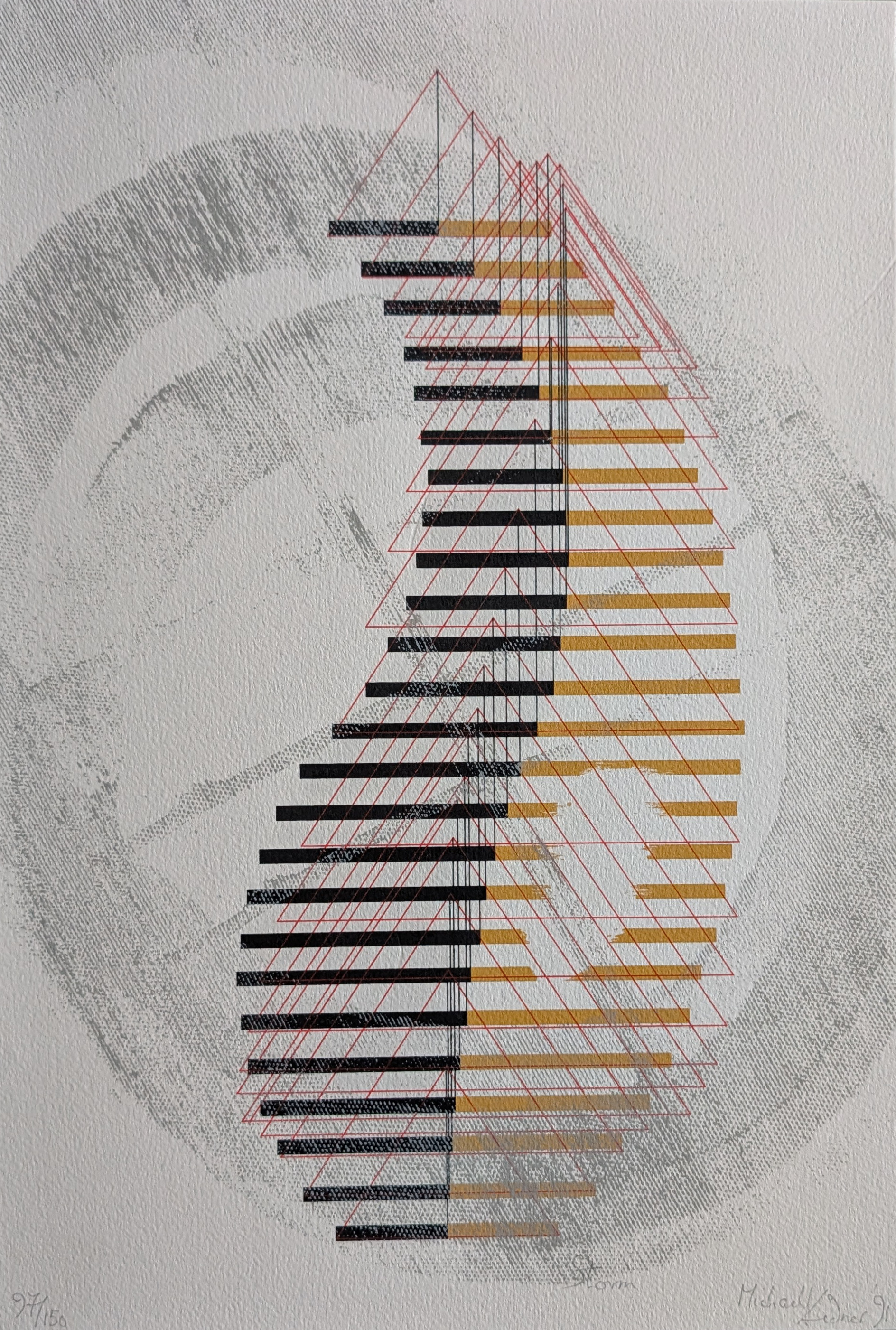 An abstract optical art piece by Michael Kidner, featuring geometric patterns and layers in shades of black, yellow, and red, against a textured background.