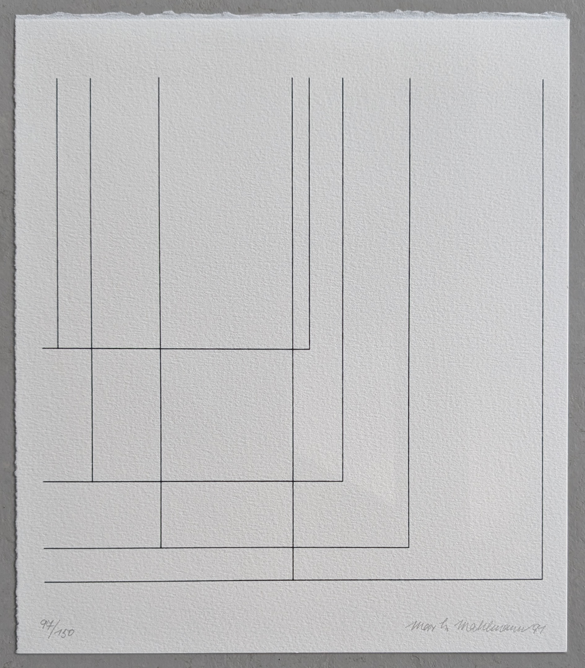 Geometric-constructivist artwork featuring intersecting lines on textured white paper, signed by the artist Max Herrmann Mahlmann.