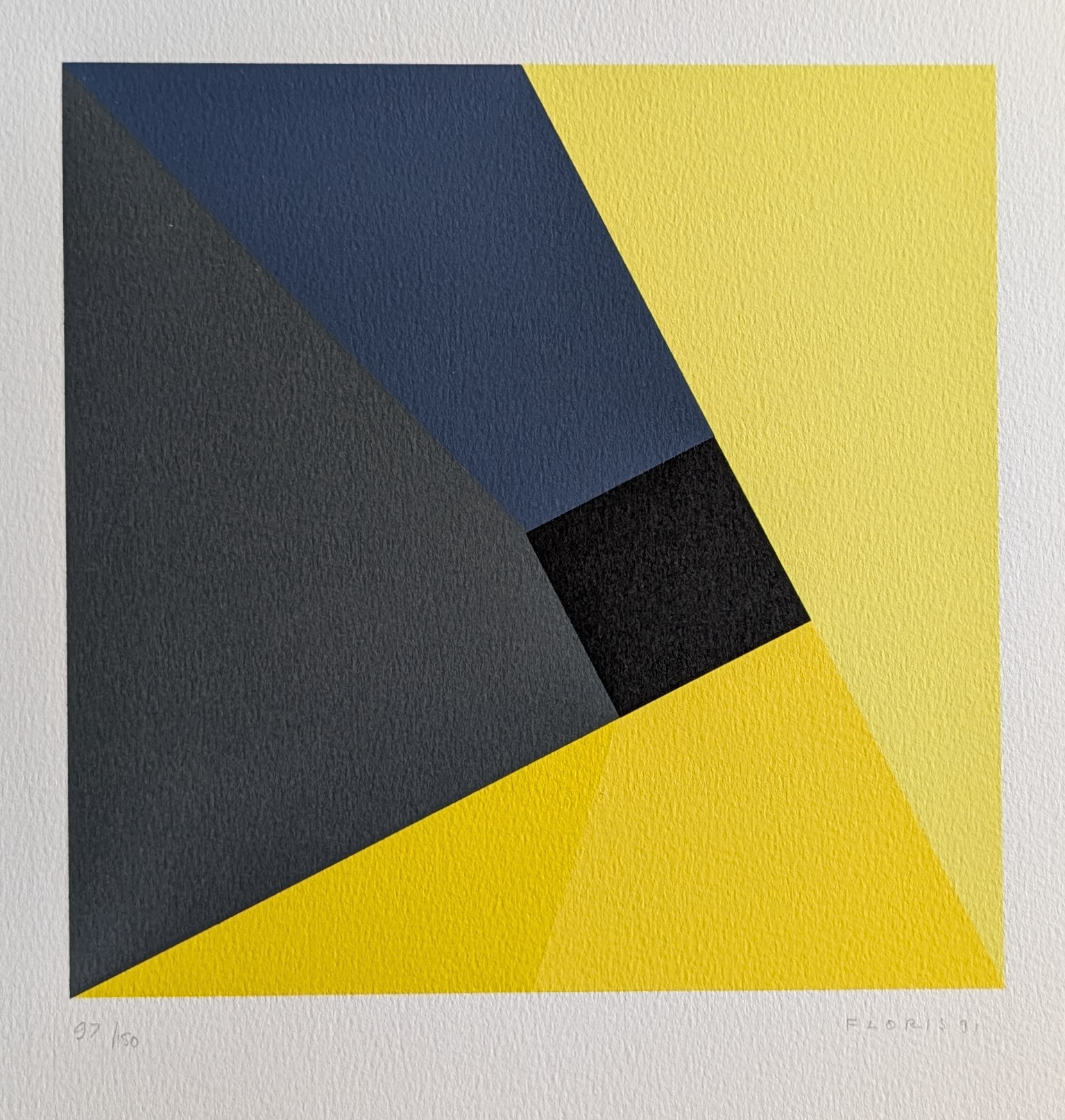 Abstract artwork by Marcel Floris featuring geometric shapes in shades of yellow, dark gray, black, and blue.