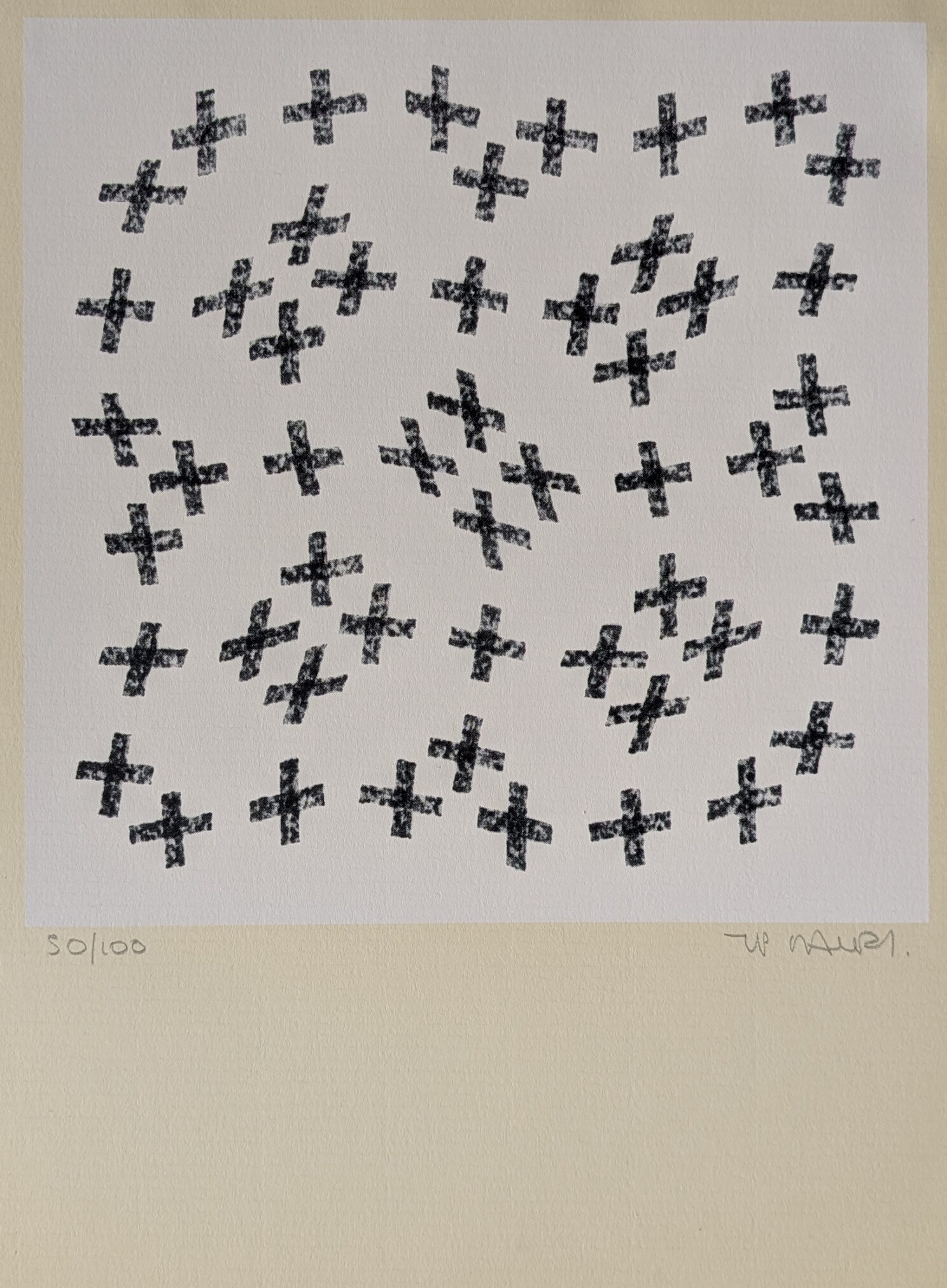 A limited edition print by Jean-Pierre Maury featuring a pattern of intersecting black crosses on a light background with a visible signature.