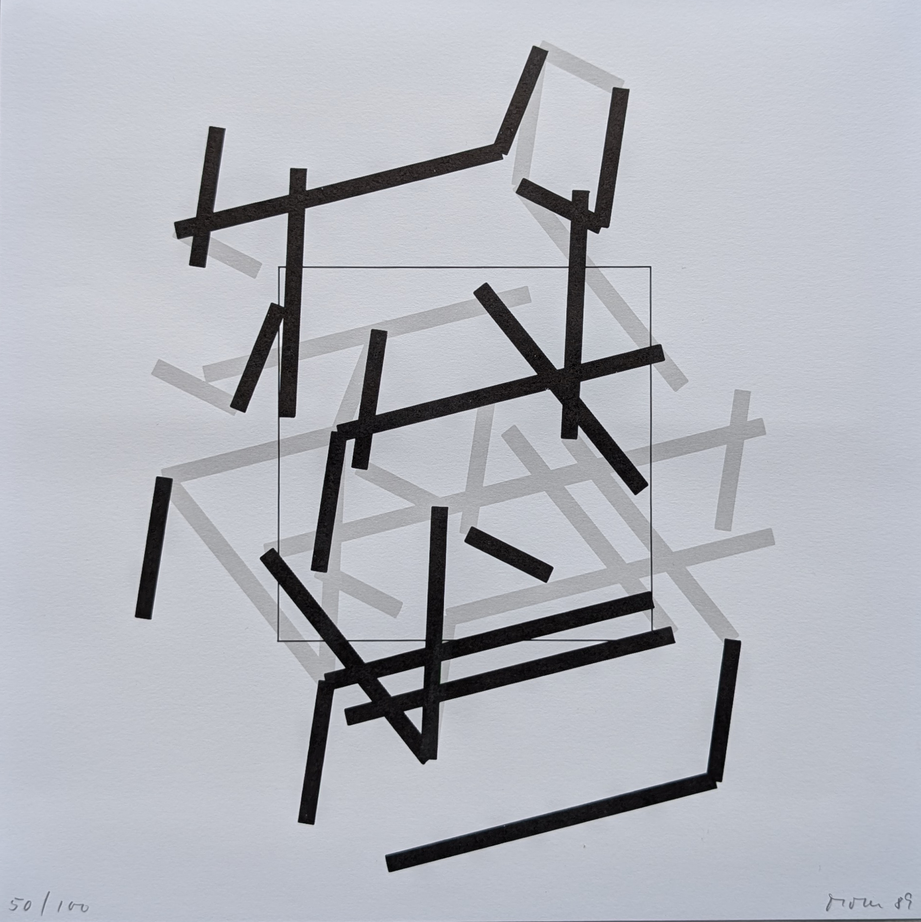 Abstract composition featuring black lines layered over a light background, creating geometric shapes and visual depth.