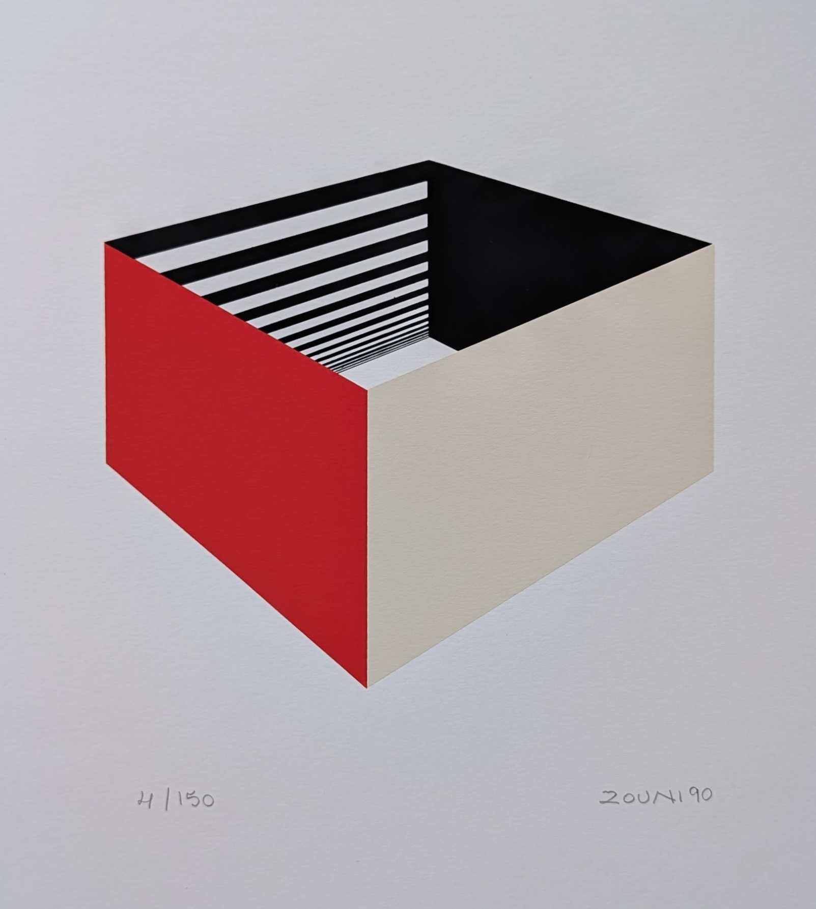 A geometric artwork by Opy Zouni, featuring a three-dimensional cube with red, black, and beige sections, incorporating vertical black stripes and a minimalist design.