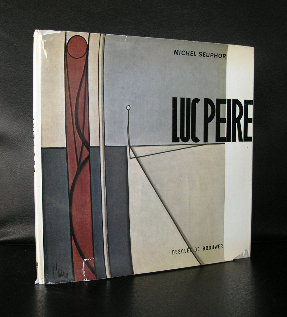A book cover titled 'Luc Peire' by Michel Seuphor, featuring abstract geometric designs in muted colors, including gray, red, and black.