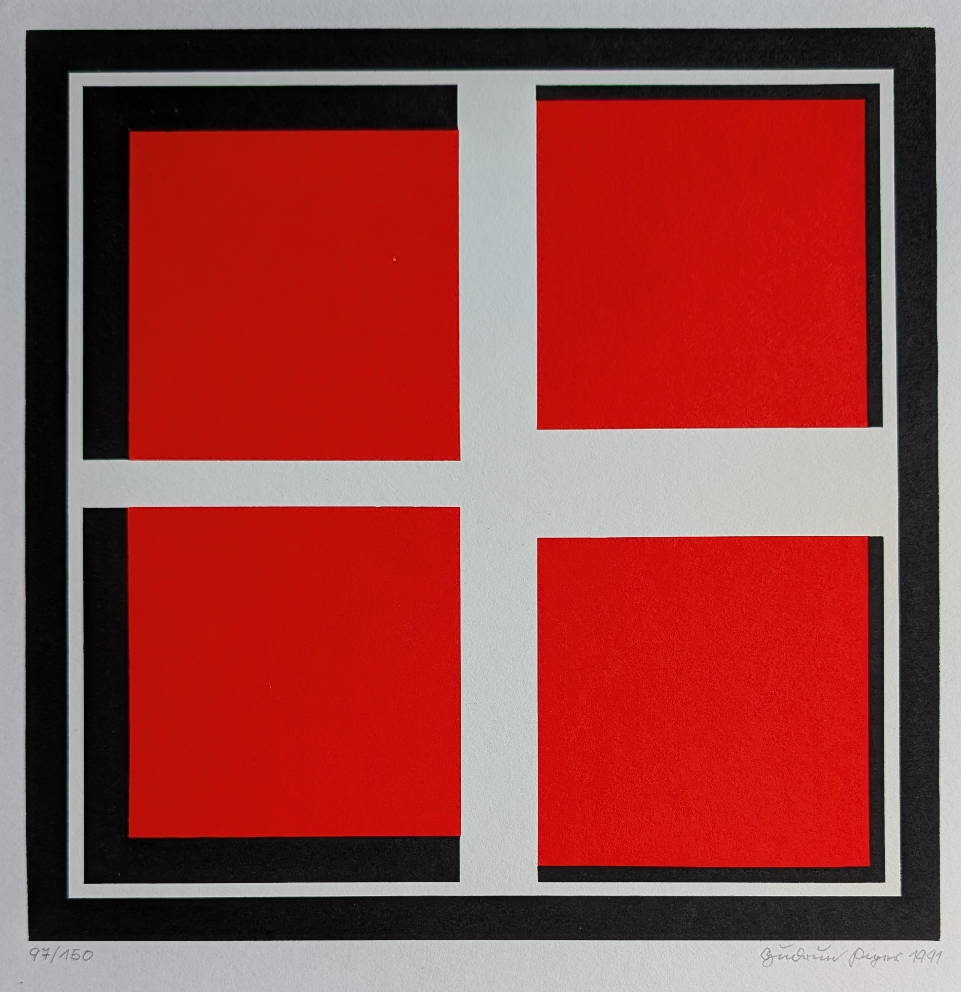 A geometric artwork featuring a grid of red squares framed by black and white borders.