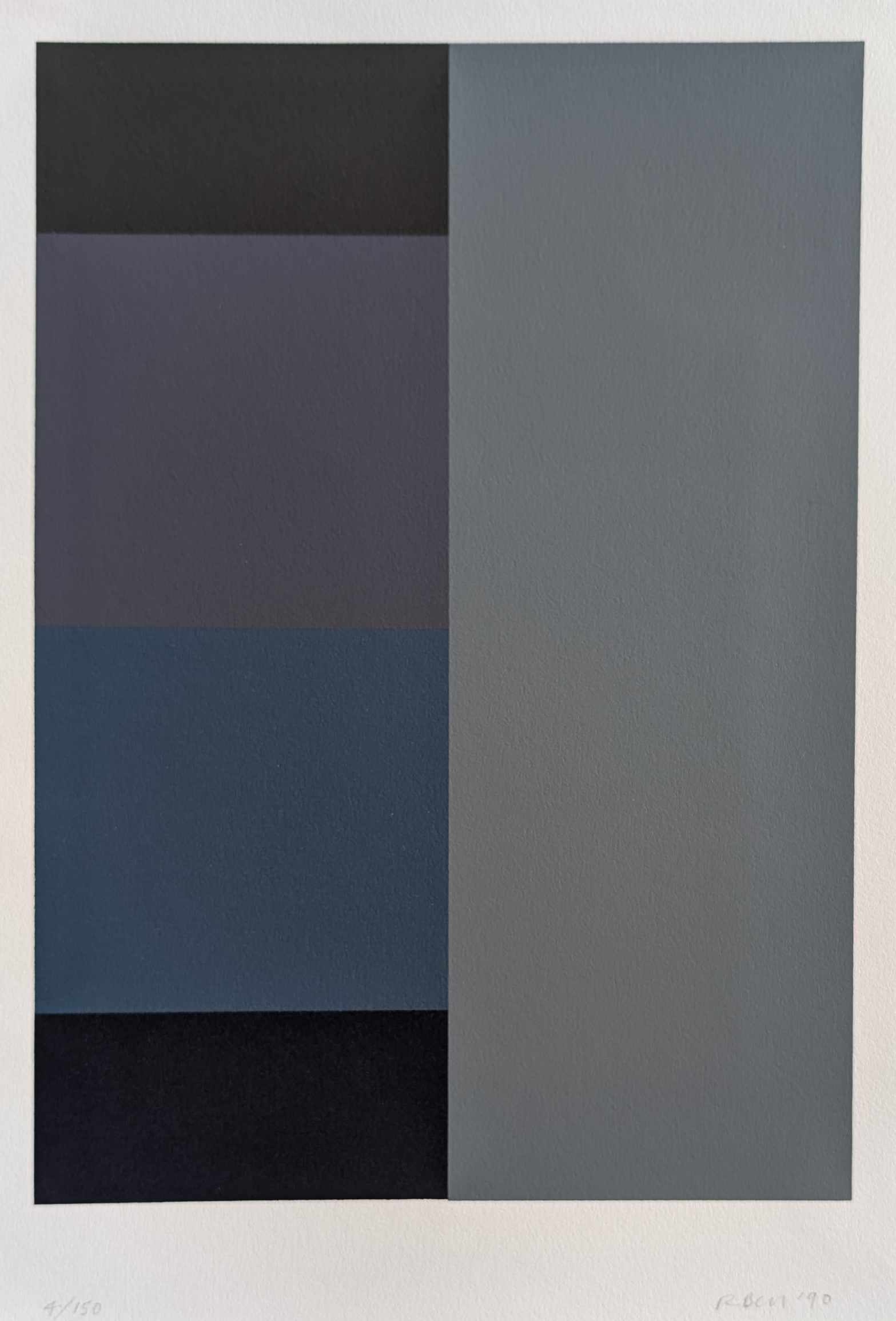 Geometric artwork featuring a series of rectangular color blocks in shades of black, gray, and blue, signed by the artist R. Bell, 1990.