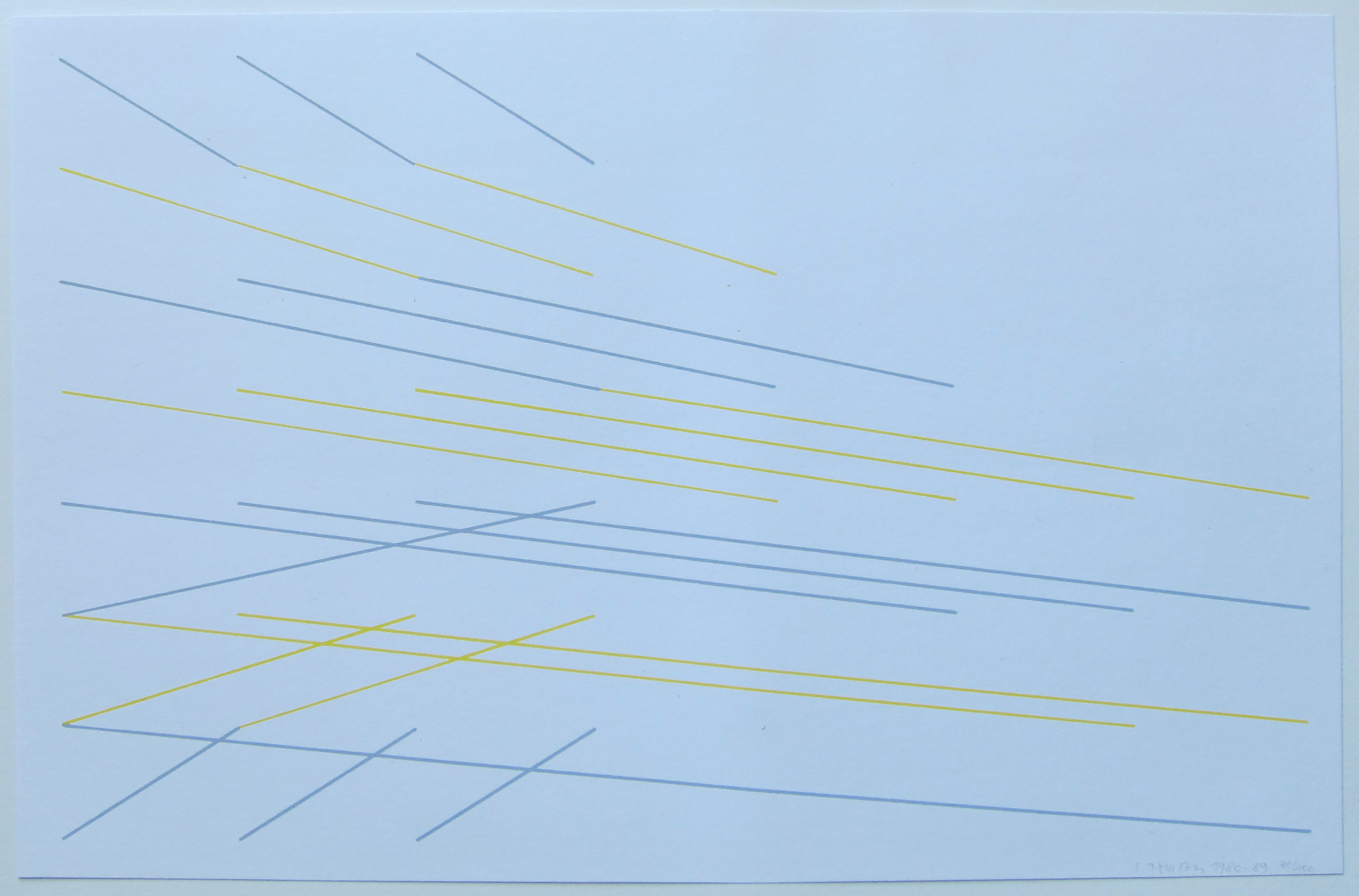 An artistic print featuring a series of intersecting diagonals in gray and yellow on a light blue background.