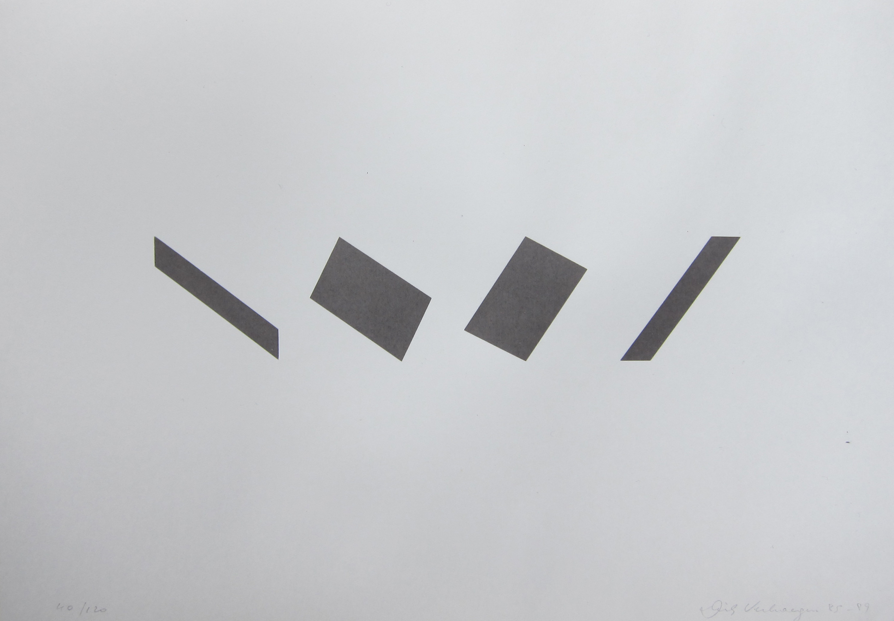 A minimalist artwork featuring several dark geometric shapes, including two rectangles and a parallelogram, positioned against a light gray background.