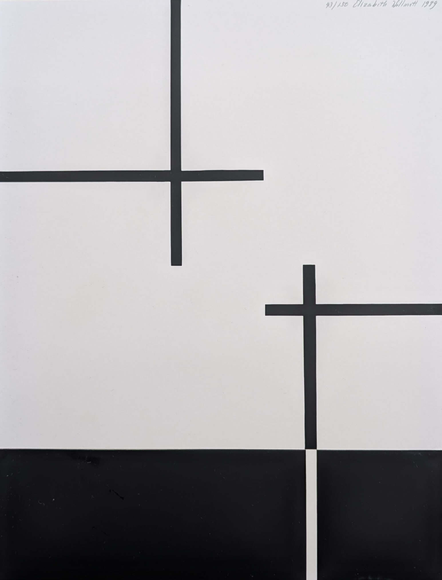 A minimalist artwork by Elizabeth Willmott featuring black lines intersecting against a white background, with a black area at the bottom, showcasing her distinctive style.