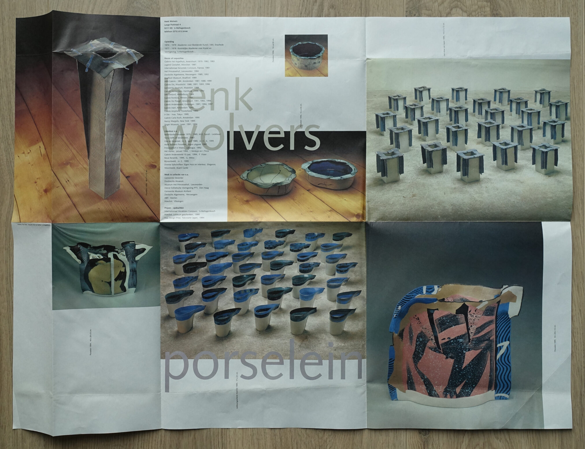 A collage featuring various sculptures and ceramics by Henk Wolvers, showcasing intricate porcelain designs and unique forms, laid out on a textured wooden surface.