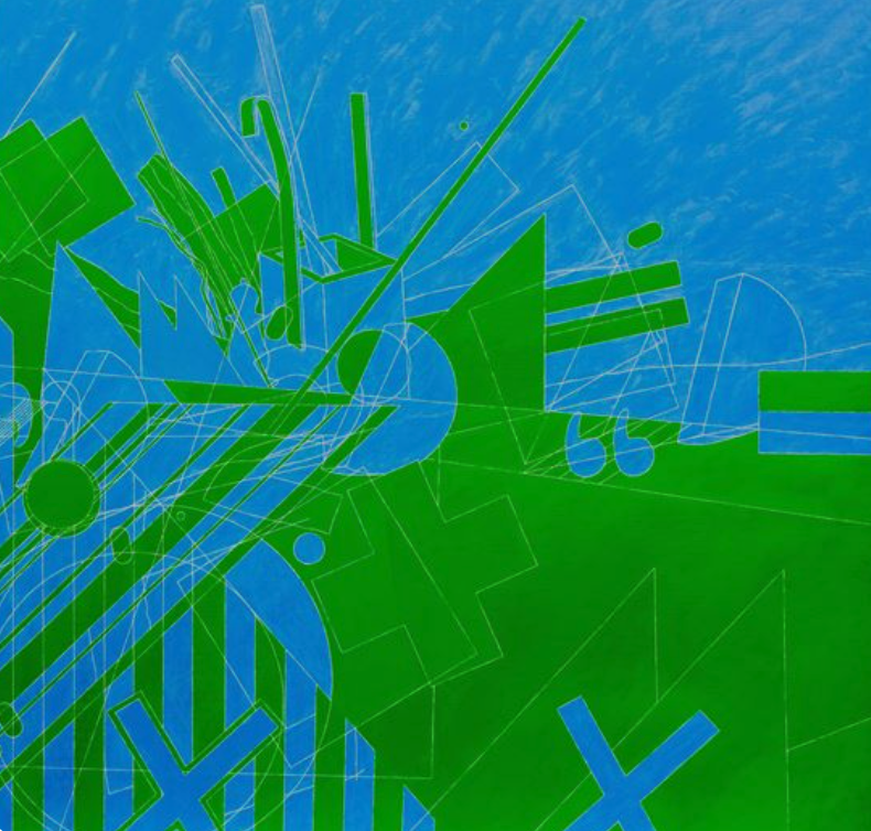 Abstract painting featuring a dynamic arrangement of geometric shapes in vibrant green and blue, incorporating lines and forms that create a sense of movement and depth.