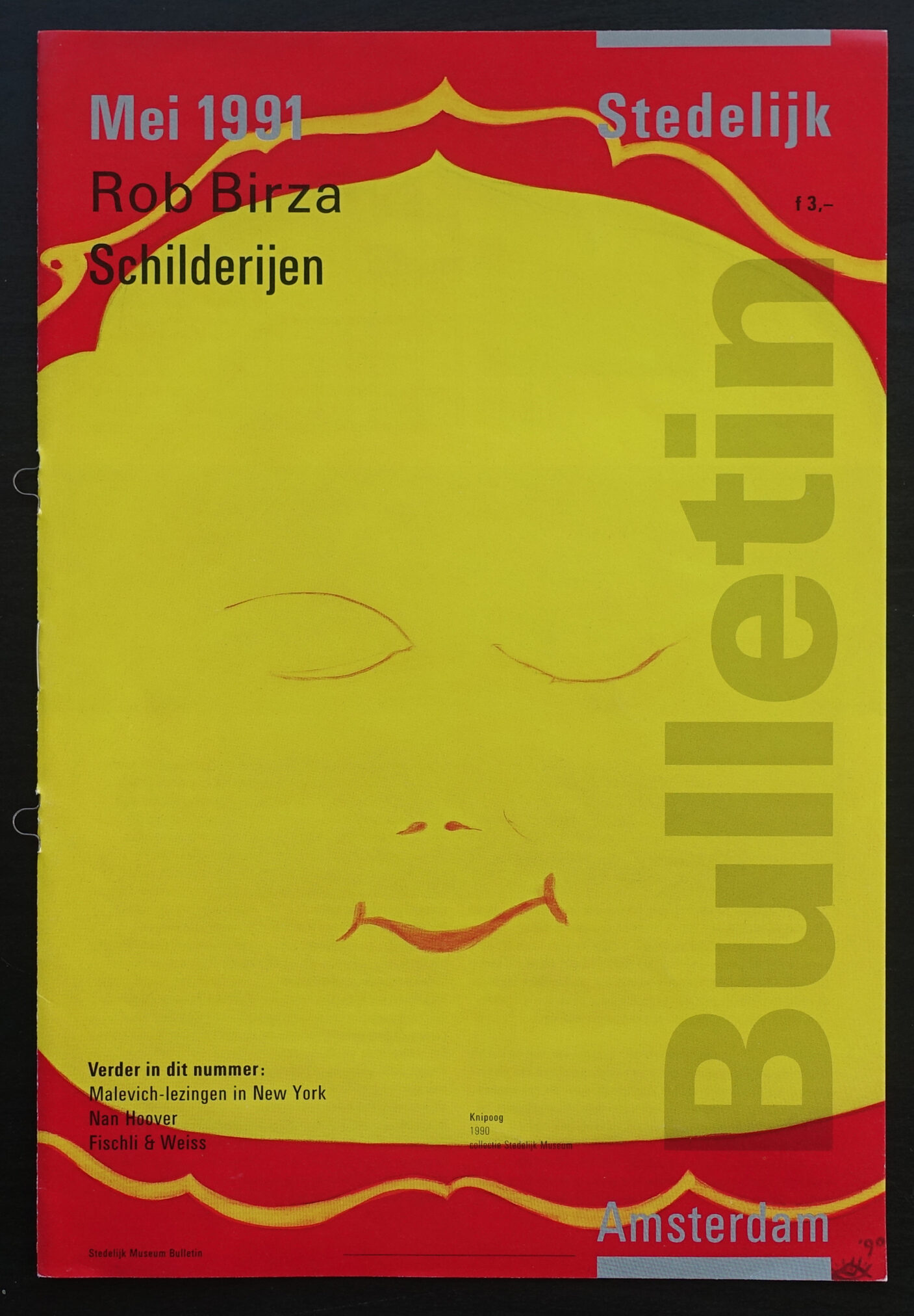 Cover of the Stedelijk Museum Bulletin from May 1991 featuring an illustration by Rob Birza, showcasing a minimalist smiling face against a bright yellow background with red accents.