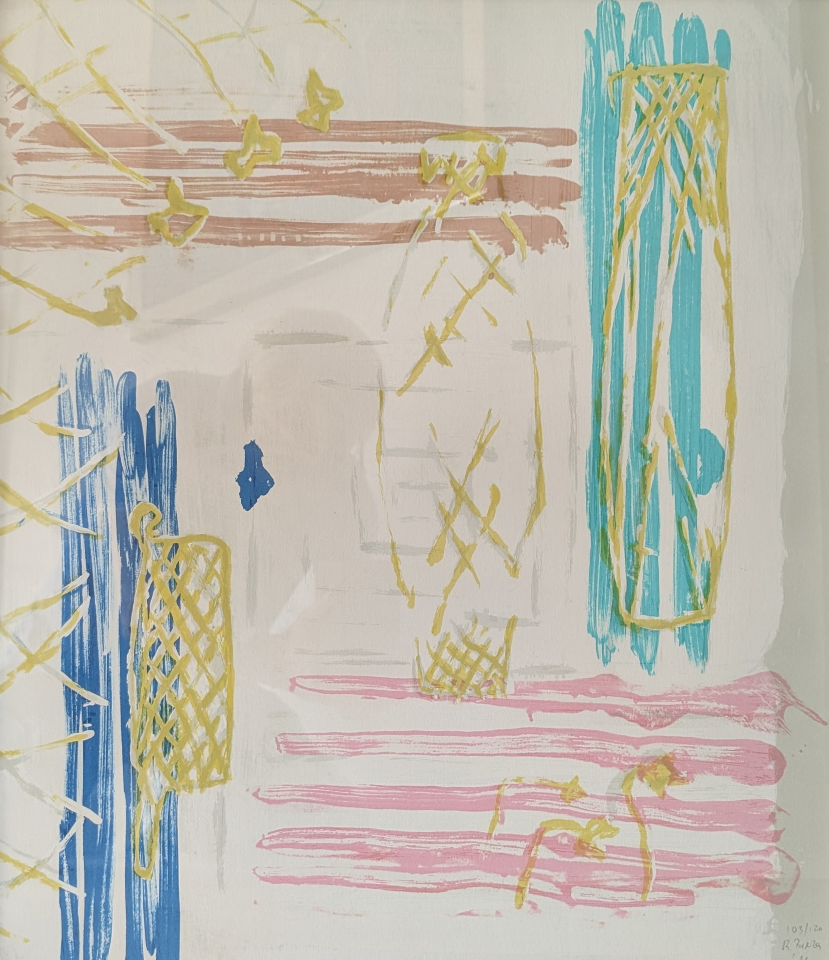 An abstract painting featuring playful brush strokes in shades of blue, pink, yellow, and beige. It includes a mix of geometric shapes and freeform lines, creating a dynamic and whimsical composition.
