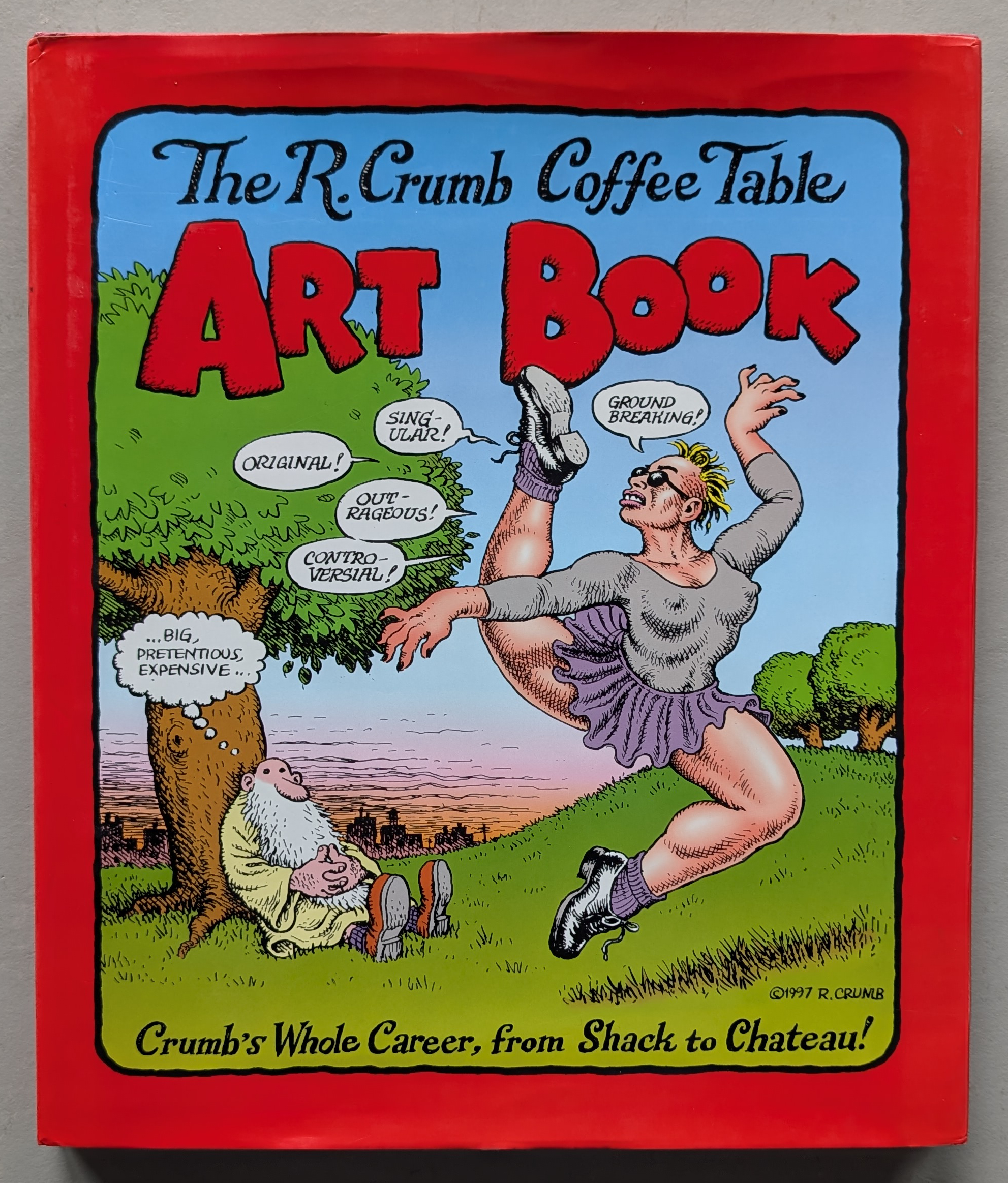 Cover of 'The R. Crumb Coffee Table Art Book', featuring colorful illustrations and text elements expressing excitement about the artwork inside.