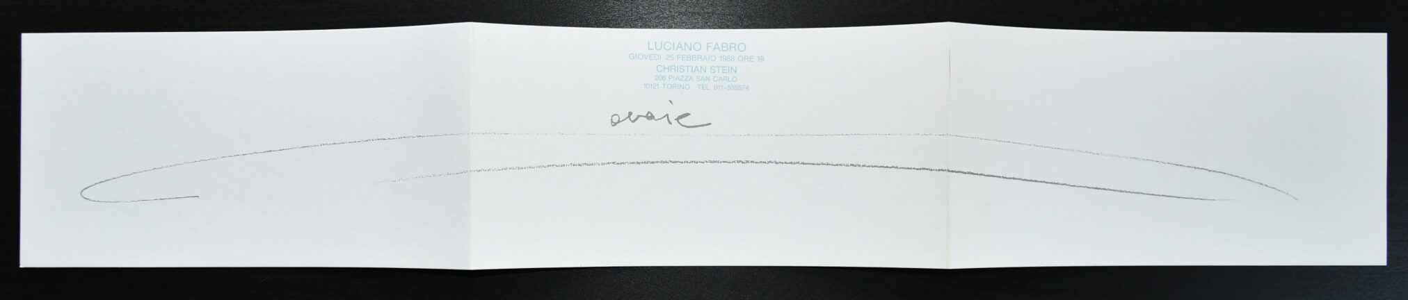 A folded paper with a minimalistic hand-drawn line and text mentioning Luciano Fabro, including details of an event at Chirstian Stein in February 1988.