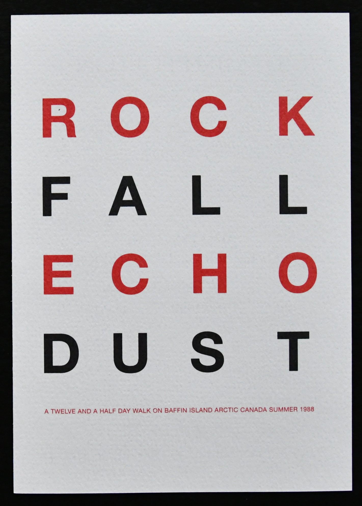 A print featuring the words 'ROCK FALL ECHO DUST' in bold typography, with red and black letters on a textured white background. The text describes a twelve and a half day walk on Baffin Island, Arctic Canada, during the summer of 1988.