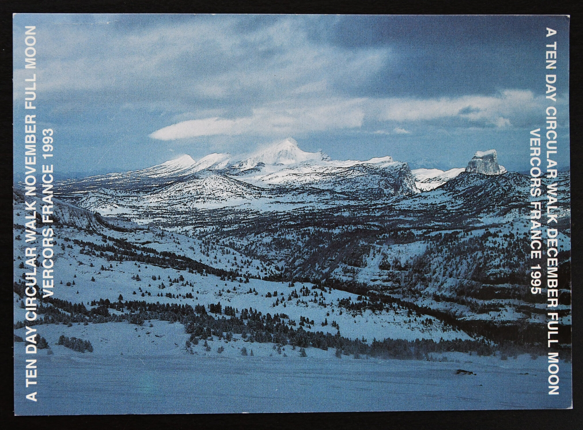 A snowy mountain landscape with text overlay indicating a ten-day circular walk in Vercors, France, during the full moon in November 1993 and December 1995.