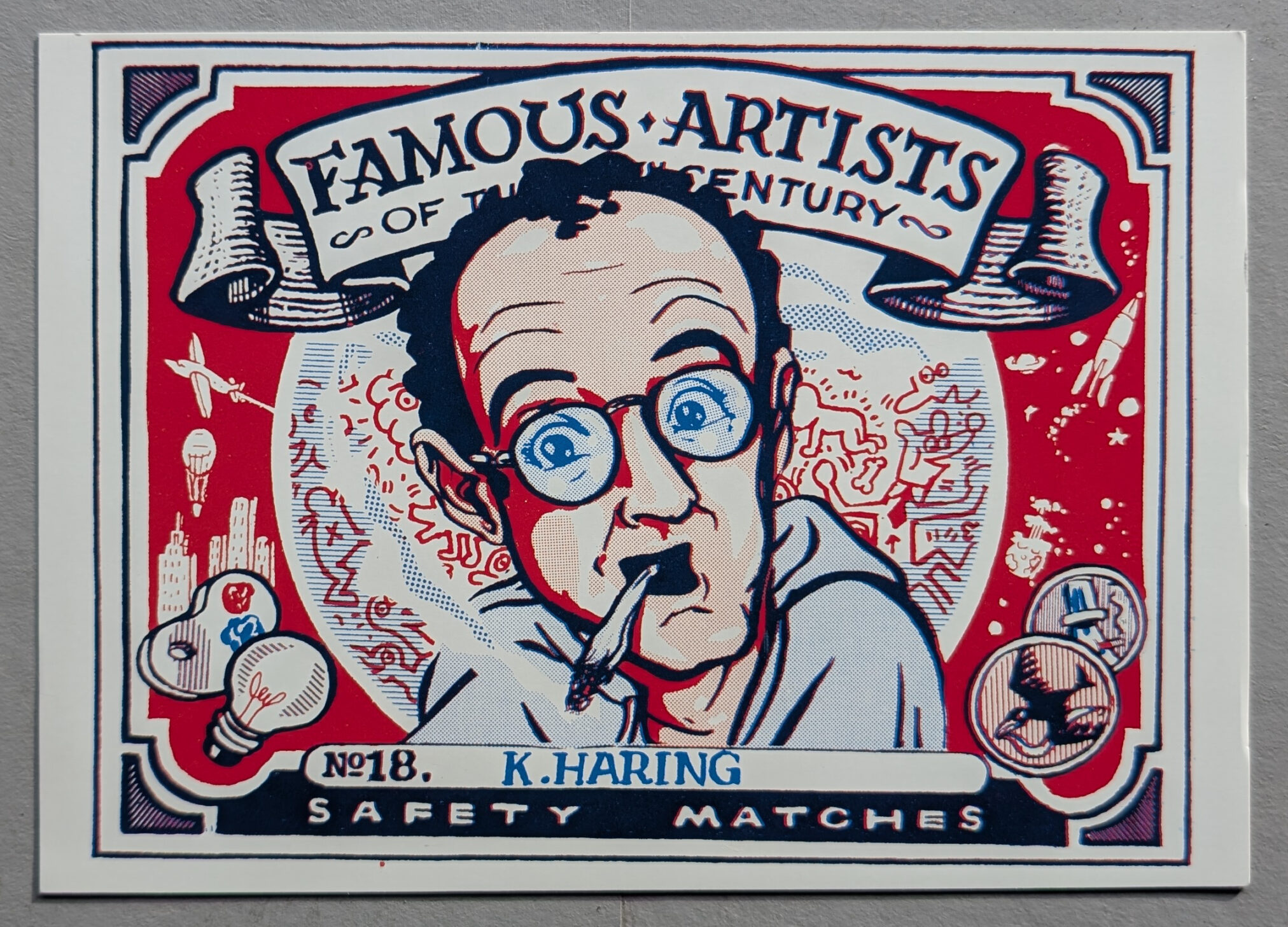 Illustration of a man with glasses, smoking, set against a colorful background with various artistic motifs. The text reads 'Famous Artists of the Century' and 'K. Haring'. The artwork features elements like light bulbs and abstract designs.