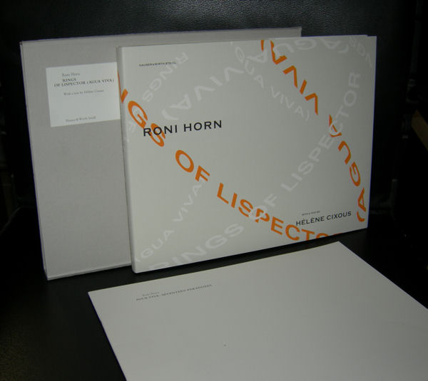 A closed book titled 'Roni Horn' featuring white and orange text, displayed next to an envelope and presented on a dark surface.