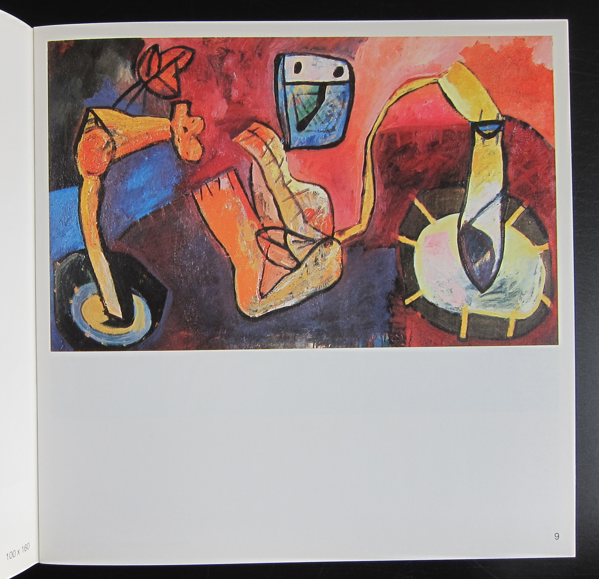 A colorful, abstract painting featuring distorted shapes and figures, with vibrant colors and whimsical lines that evoke a sense of raw emotion and childlike innocence.