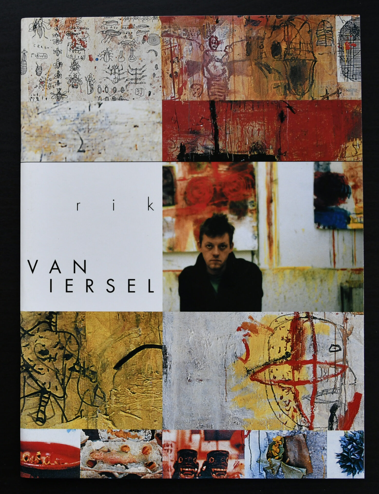 A collage featuring various colorful paintings and drawings by Rik van Iersel, with a portrait of the artist in the center.