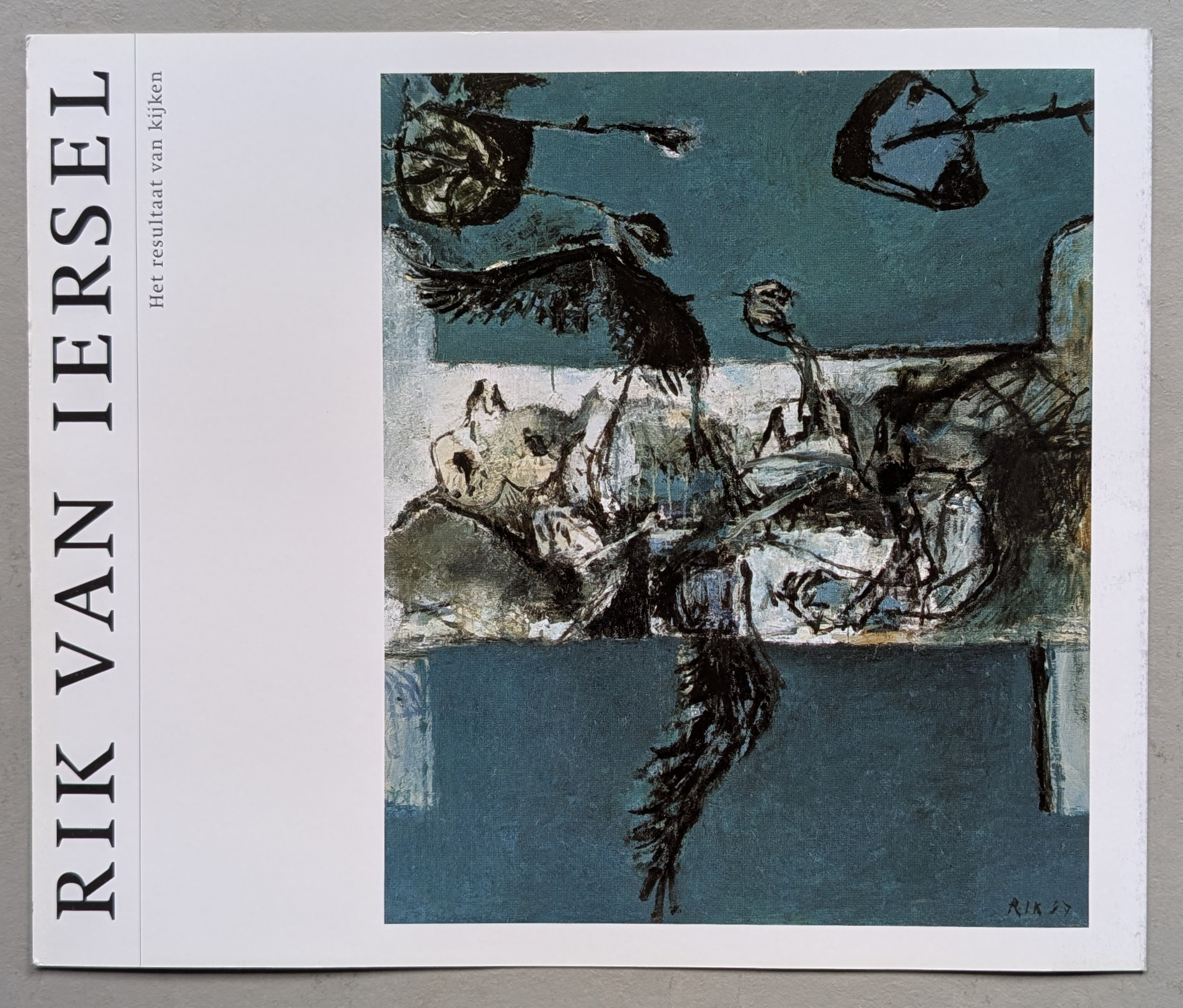 Cover of a publication featuring artwork by Rik van Iersel, displaying an abstract painting with dark figures and bold strokes on a blue background.
