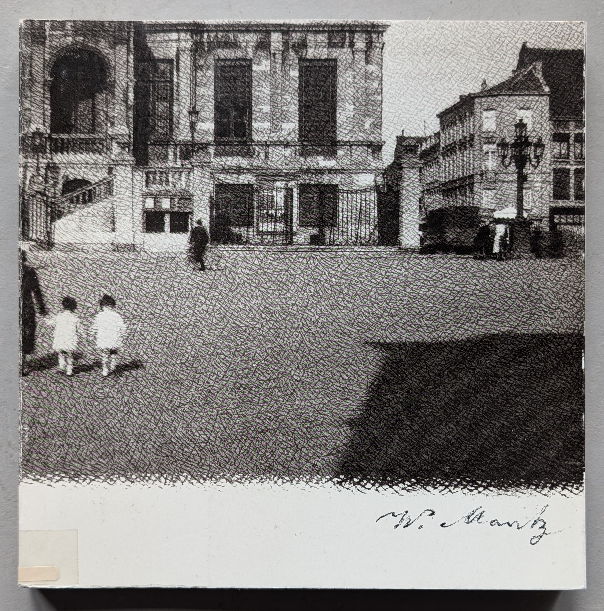 Black-and-white photograph depicting a street scene with two young girls in white dresses walking towards a building, accompanied by a figure in dark clothing, showcasing the architectural style prominent in Cologne.